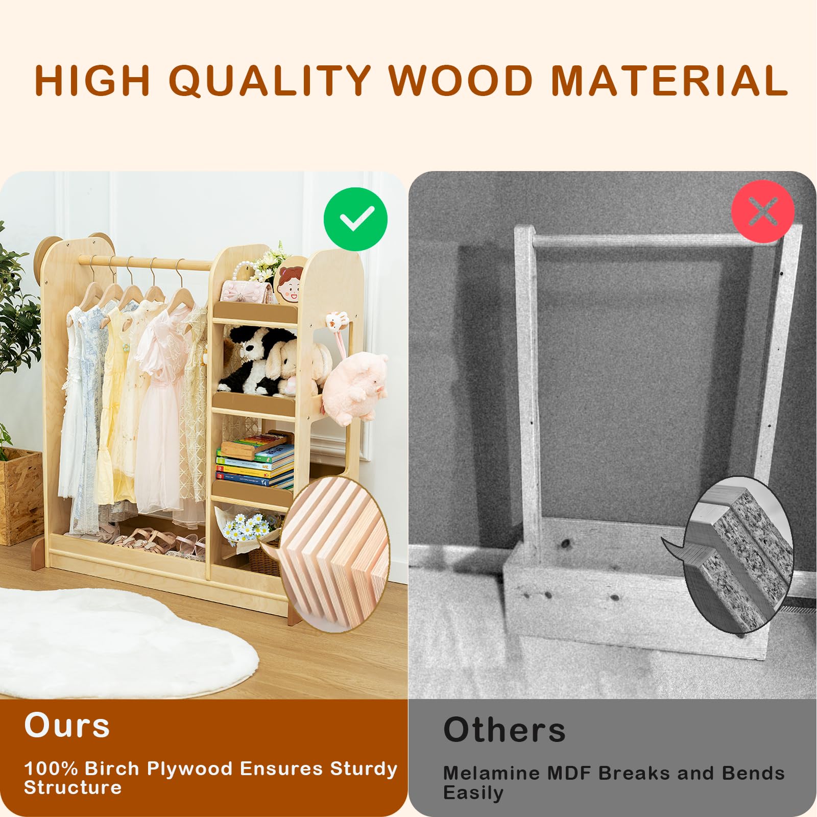 Wooden Kids Costume Organizer with Mirror - 4-Tier Toddler Clothing Rack & Open Hanging Wardrobe for Girls & Boys | Montessori Furniture for Dress Up Storage | Perfect for Bedroom, Playroom & Nursery Organization