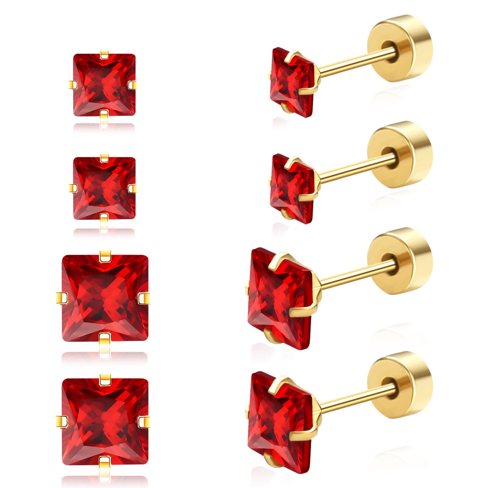 2 Pairs Flat Back Earrings for Women - 18K Gold Plated Stud Earrings Set (3mm & 5mm) | Hypoallergenic Nap Earrings | Red Stud Earrings for Everyday Wear | Perfect for Work, Date Night & Special Occasions