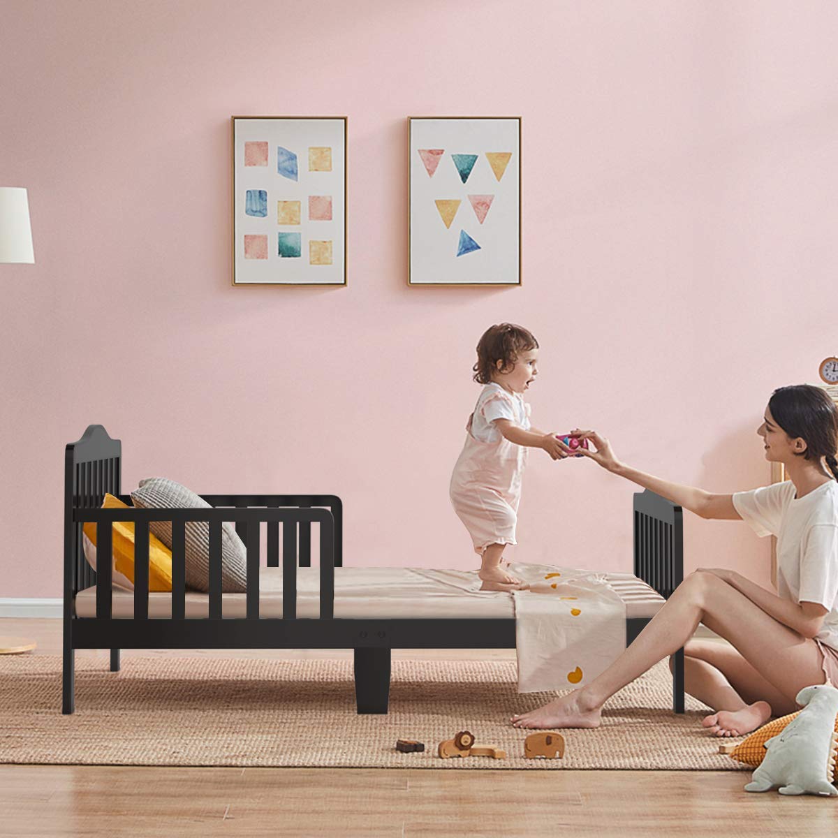 Costzon Toddler Wood Bed with Safety Rail - Low Floor Design for Boys & Girls - Perfect for Nursery & Kids' Room