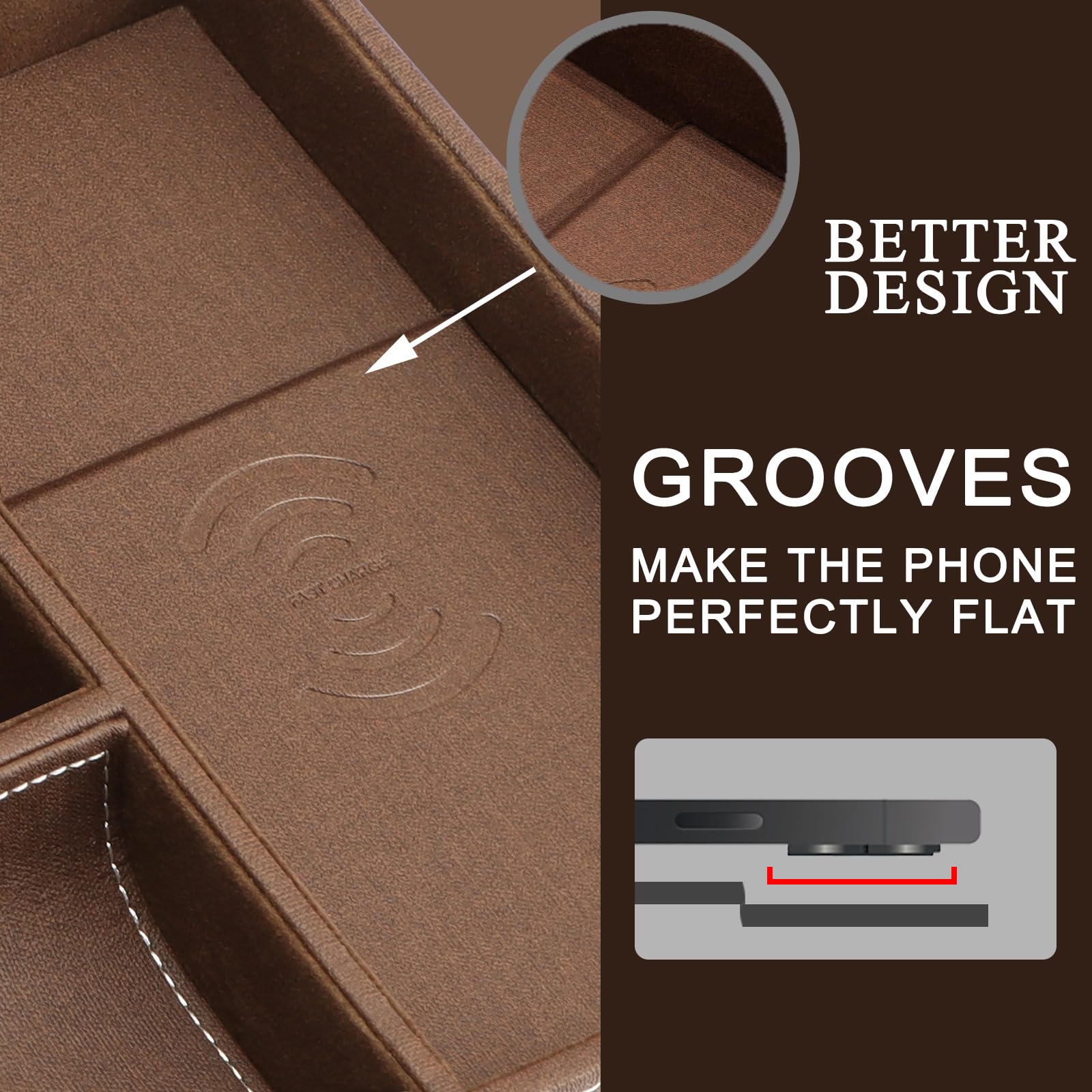 Premium SANZIE Leather Tray with Qi Wireless Charger - Large Nightstand Organizer for Phone, Wallet, Keys, Jewelry & Accessories (Brown) - Perfect for Bedroom, Office & Travel Organization