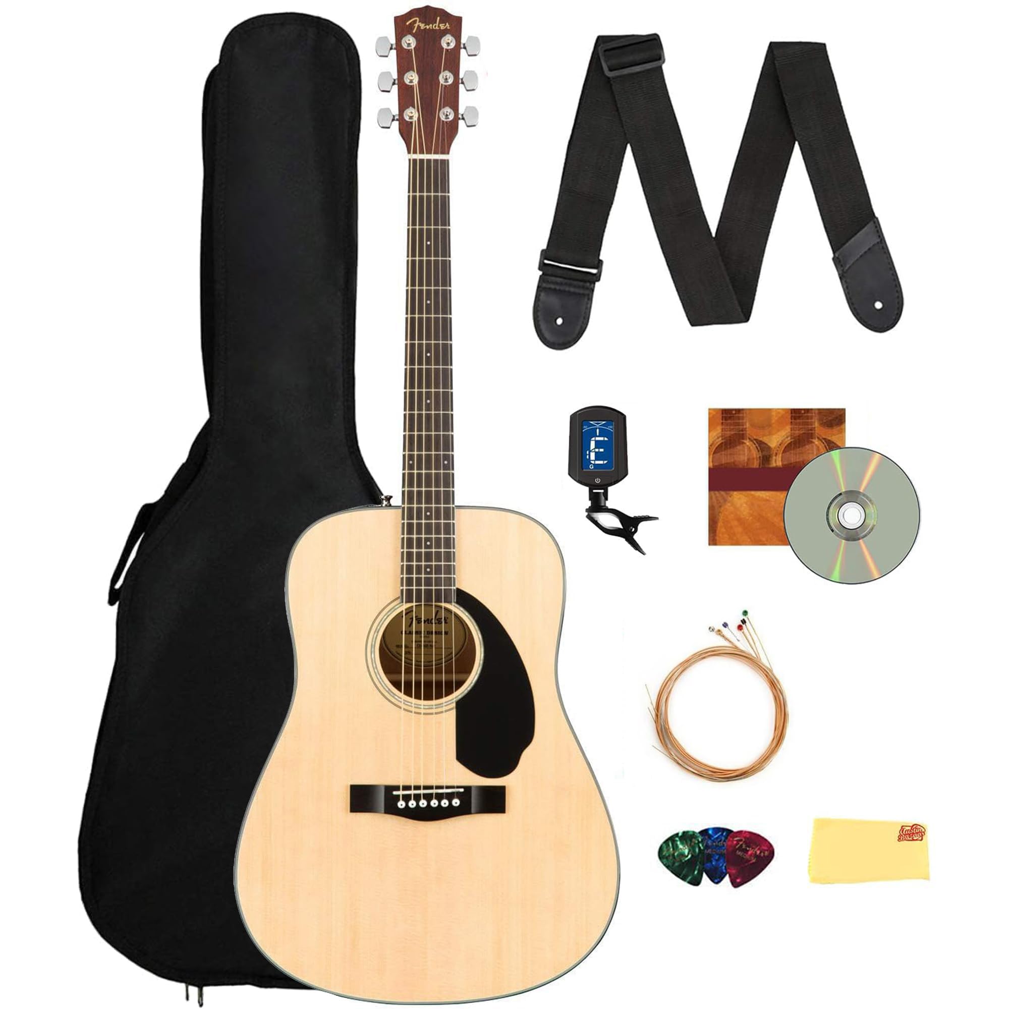 Fender CD-60S Solid Top Dreadnought Acoustic Guitar Natural - Complete Starter Kit with Gig Bag, Tuner, Strap, Strings, Picks & Instructional DVD | Perfect for Beginners, Campfire Singalongs & Home Recording Studios