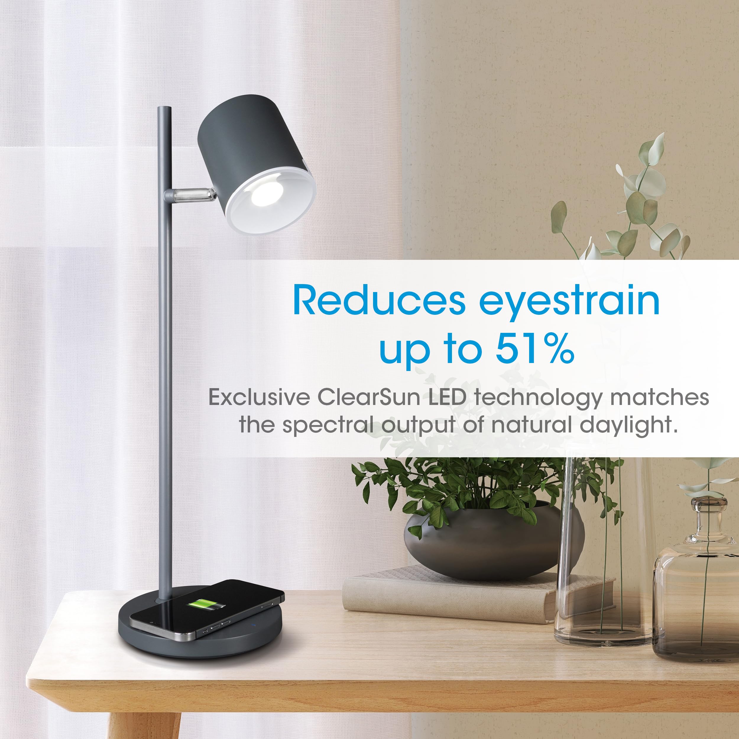 OttLite Good Housekeeping Modern LED Desk Lamp with Wireless Charger - Adjustable Dimmable Reading Light for Home Office, Study & Bedroom - Reduces Eyestrain, Perfect as Book Light & Workspace Lighting
