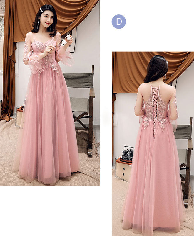 Elegant Pink Tulle Lace Long Prom Dress & Bridesmaid Gown - Perfect for Formal Dances, Weddings & Special Occasions