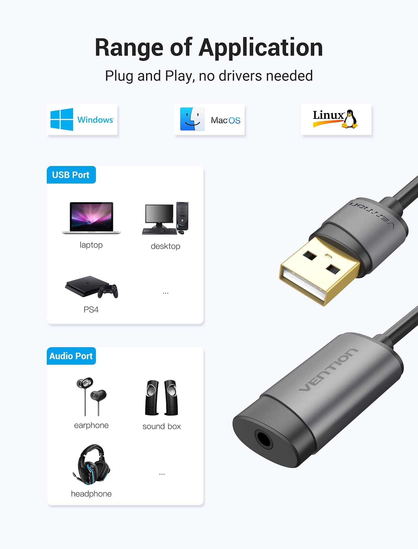 VENTION USB Sound Card Adapter - USB to 3.5mm Audio Jack Converter with TRRS Mic Support for PC, Laptop, Headset, PS5/4, Mac - Perfect for Gaming, Video Calls & Music Streaming