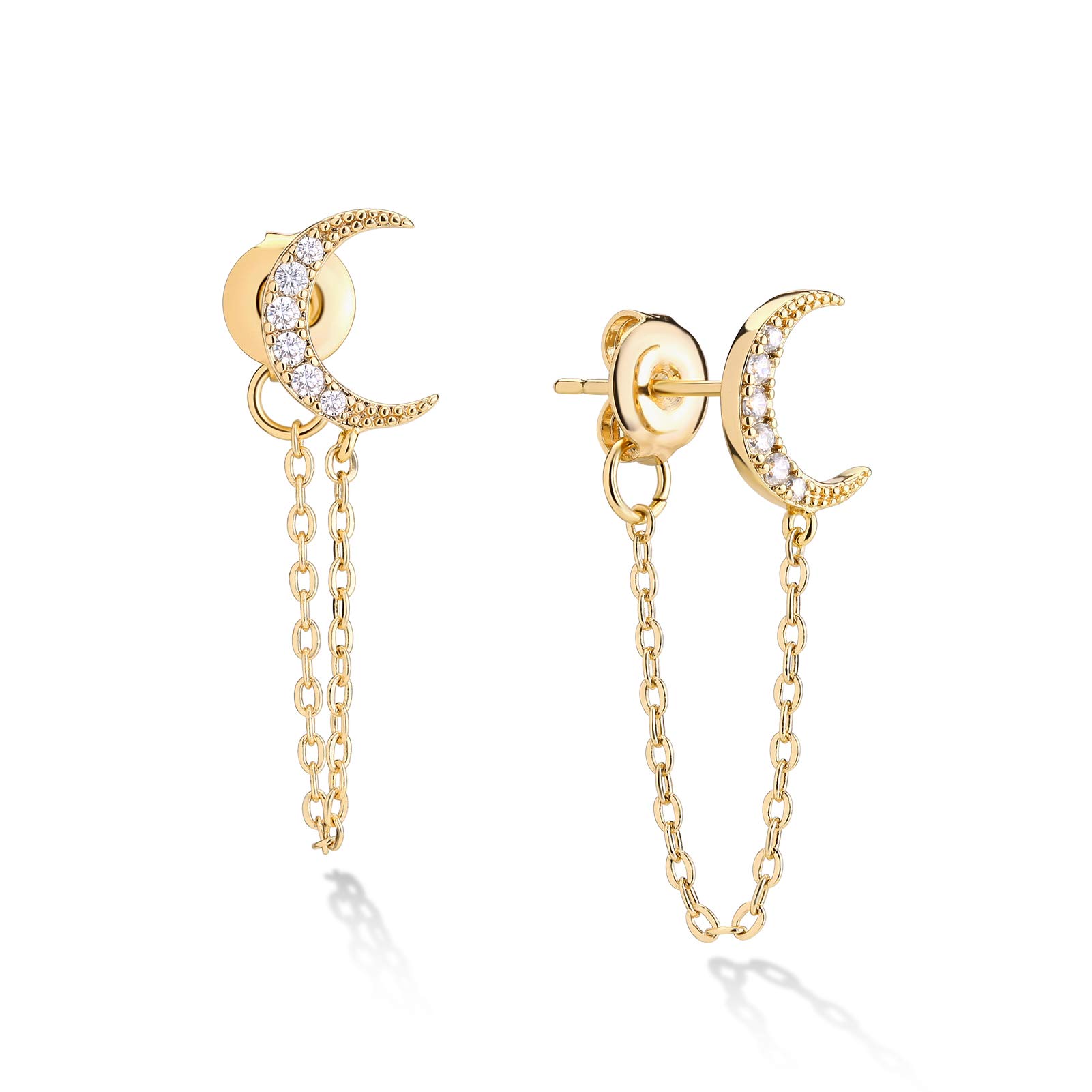 14K Gold Plated Dainty Cubic Zirconia Chain Stud Earrings for Women - Hypoallergenic Small Dangle Earrings with Elegant Chain - Perfect Gift for Birthday, Anniversary & Everyday Wear