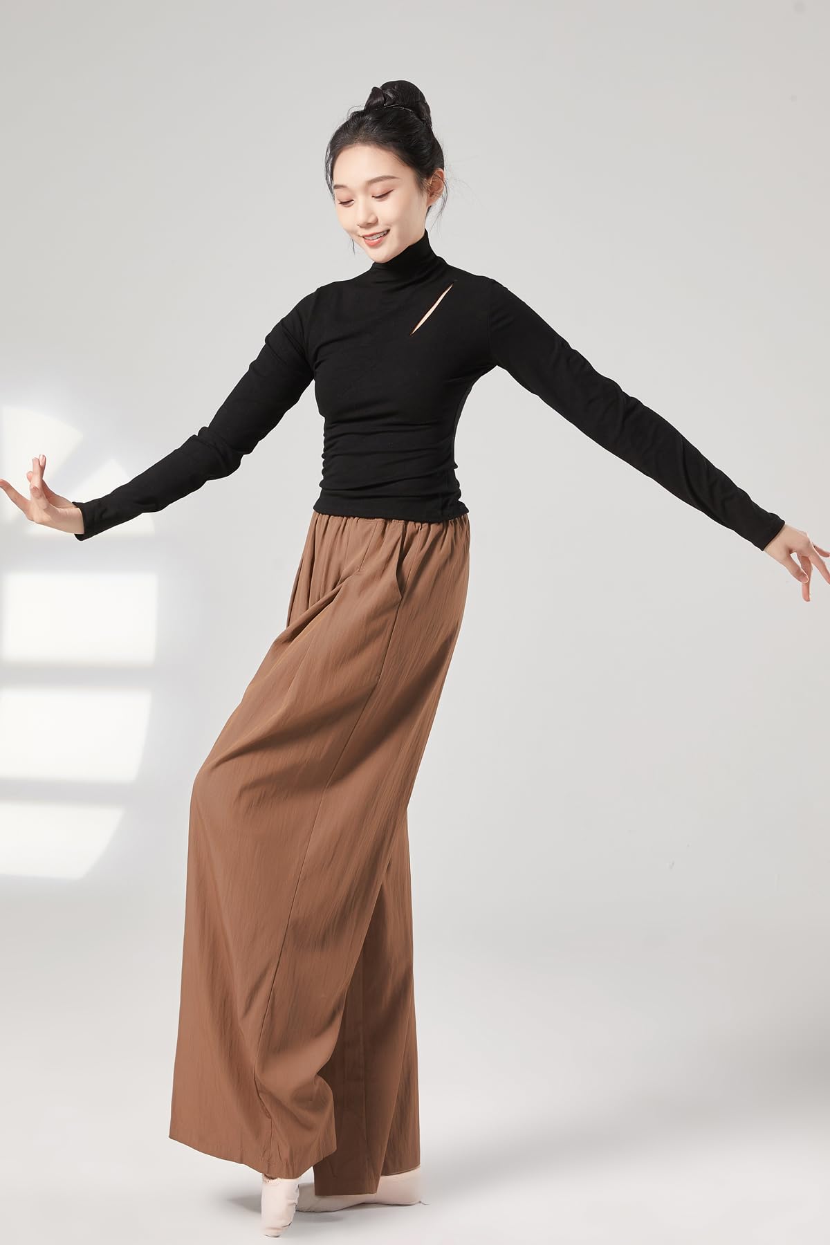 Angcoco Women's Elegant Mock Neck Long Sleeve Blouse - Stretchy Dance Top for Yoga, Ballet & Workout | Comfortable Practice Wear for Studio & Performance