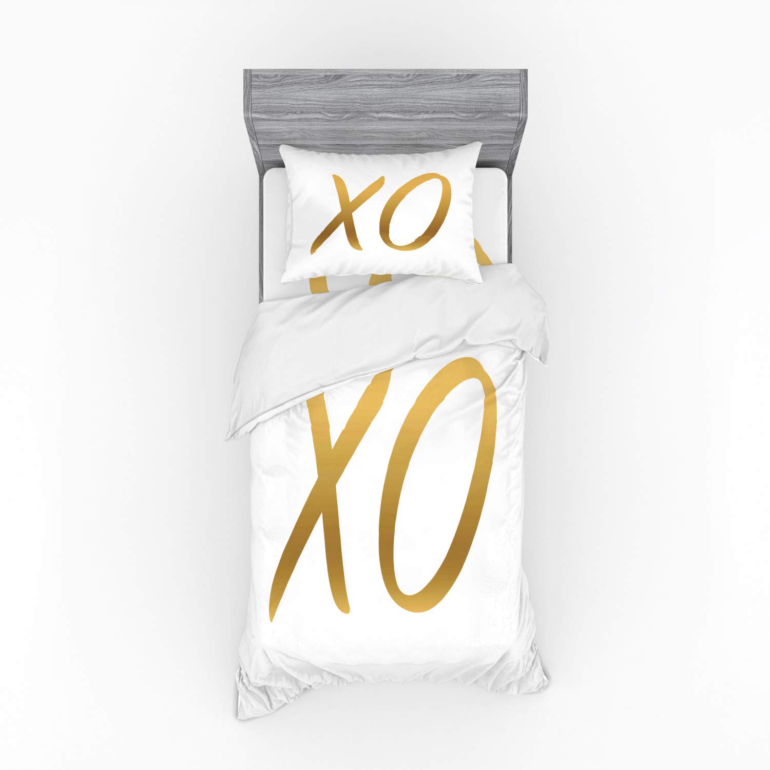 Ambesonne Xo 3-Piece Twin Bedding Set - Love, Affection & Friendship Duvet Cover with Sham & Fitted Sheet in Sand Brown & White | Perfect for Romantic Bedrooms, Guest Rooms & Dorm Decor
