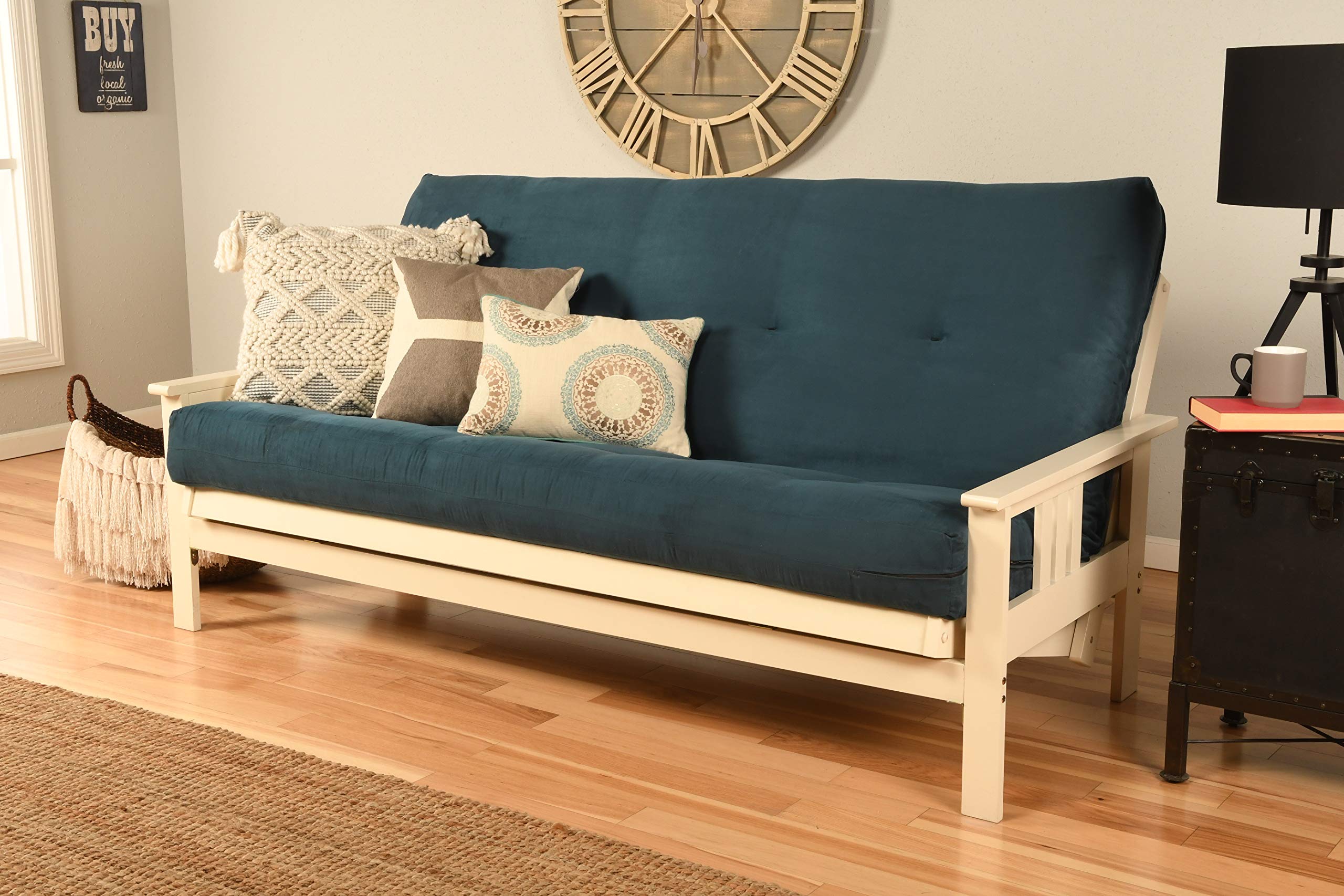 Kodiak Furniture Monterey Futon Set - Antique White Base with Navy Suede Mattress | Space-Saving Sleeper Sofa for Small Apartments, Guest Rooms & Dorm Living