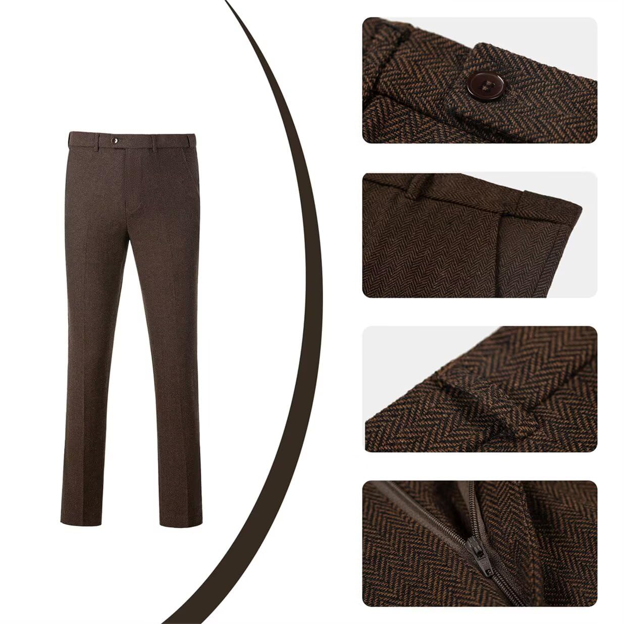 Vintage 3-Piece Tweed Herringbone Slim Fit Suit Set for Men - Brown Formal Blazer, Vest & Pants - Groomsmen, Prom, Wedding & Business Attire