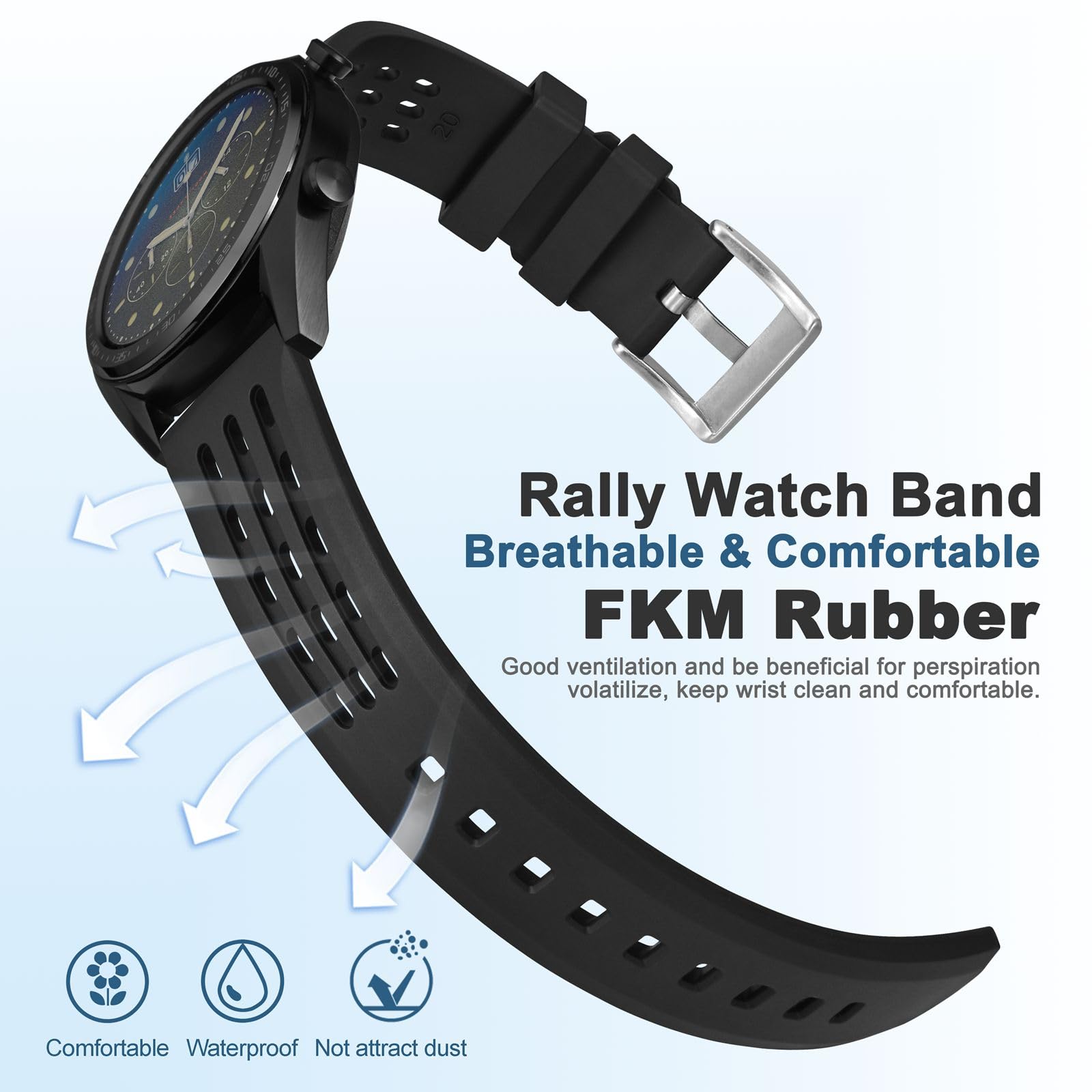 WOCCI 20mm Rally Watch Band - Premium FKM Rubber Strap with Quick Release & Silver Brushed Buckle - Durable Black Watch Strap for Men - Perfect for Racing, Sports & Outdoor Adventures