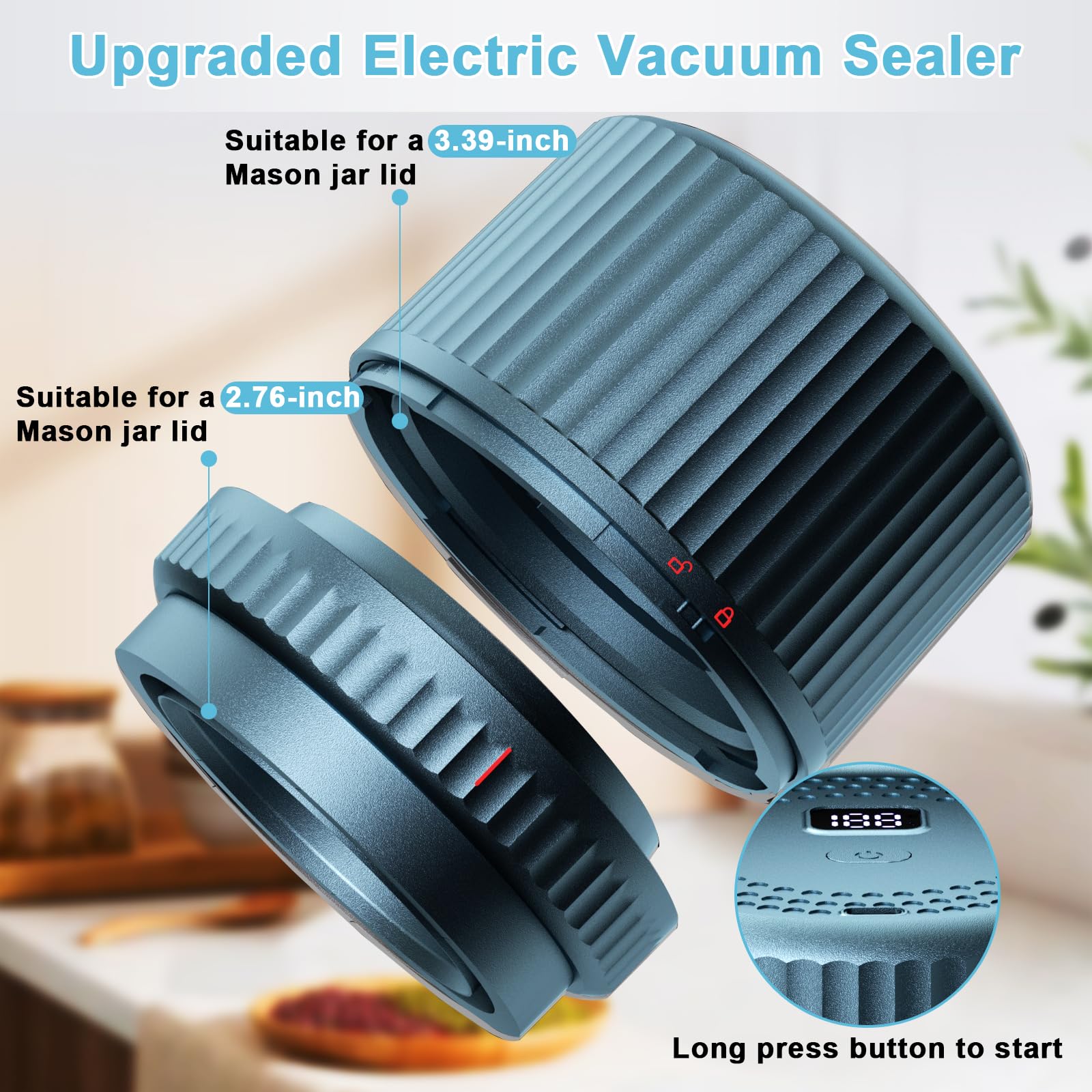 Electric Mason Jar Vacuum Sealer Kit - Cordless Wide & Regular Mouth Jar Sealer with 2000mAh Battery & 85KPa Vacuum for Food Storage | Preserve Fruits, Vegetables, Dry Goods & Meal Prep | Blue