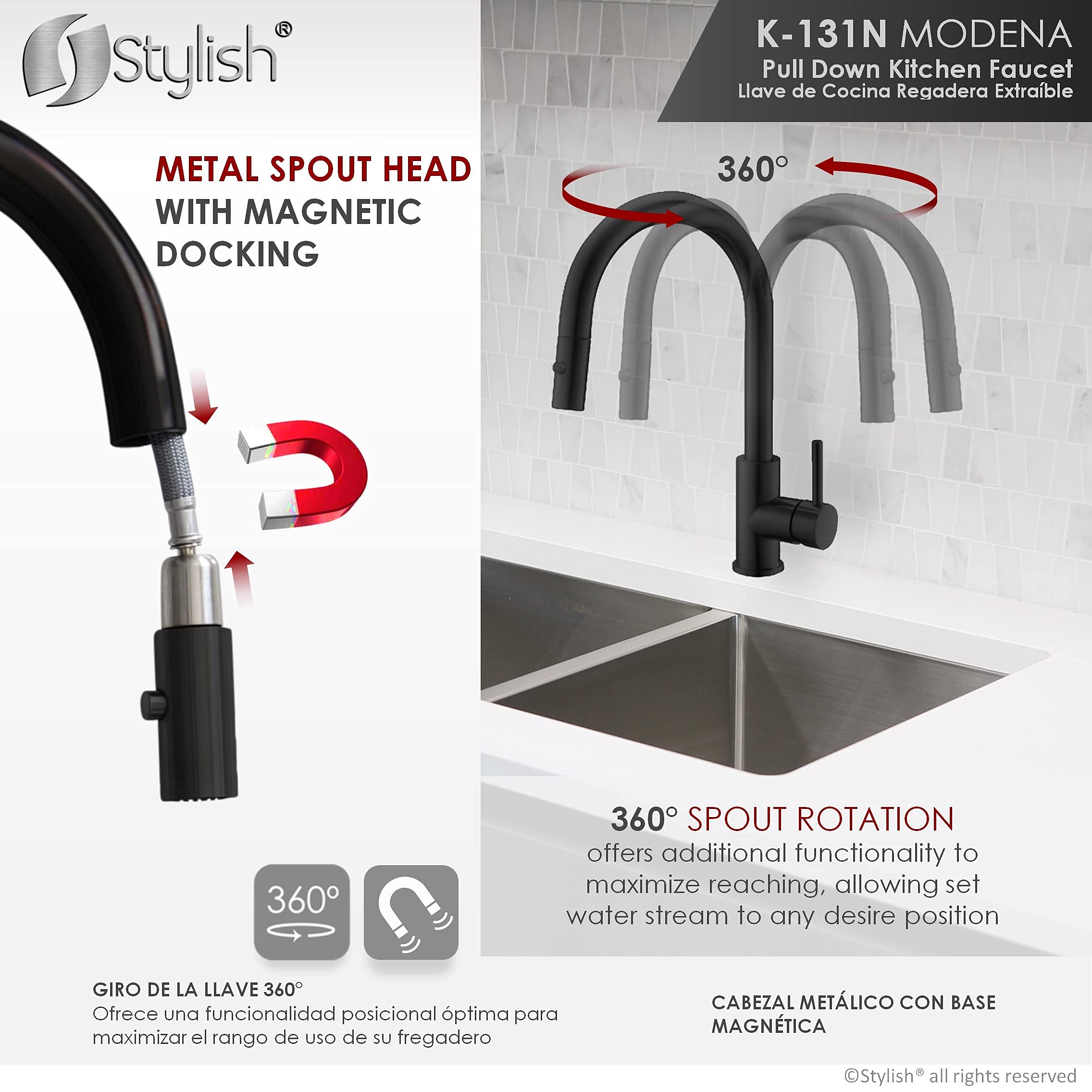 Premium Stainless Steel Kitchen Faucet with Pull Down Sprayer - 1 Handle Dual Function Mixer Tap, Ceramic Cartridge & Aerator - Matte Black (Model K-131N) - Perfect for Modern Kitchens, Restaurant Prep Areas & Home Renovations