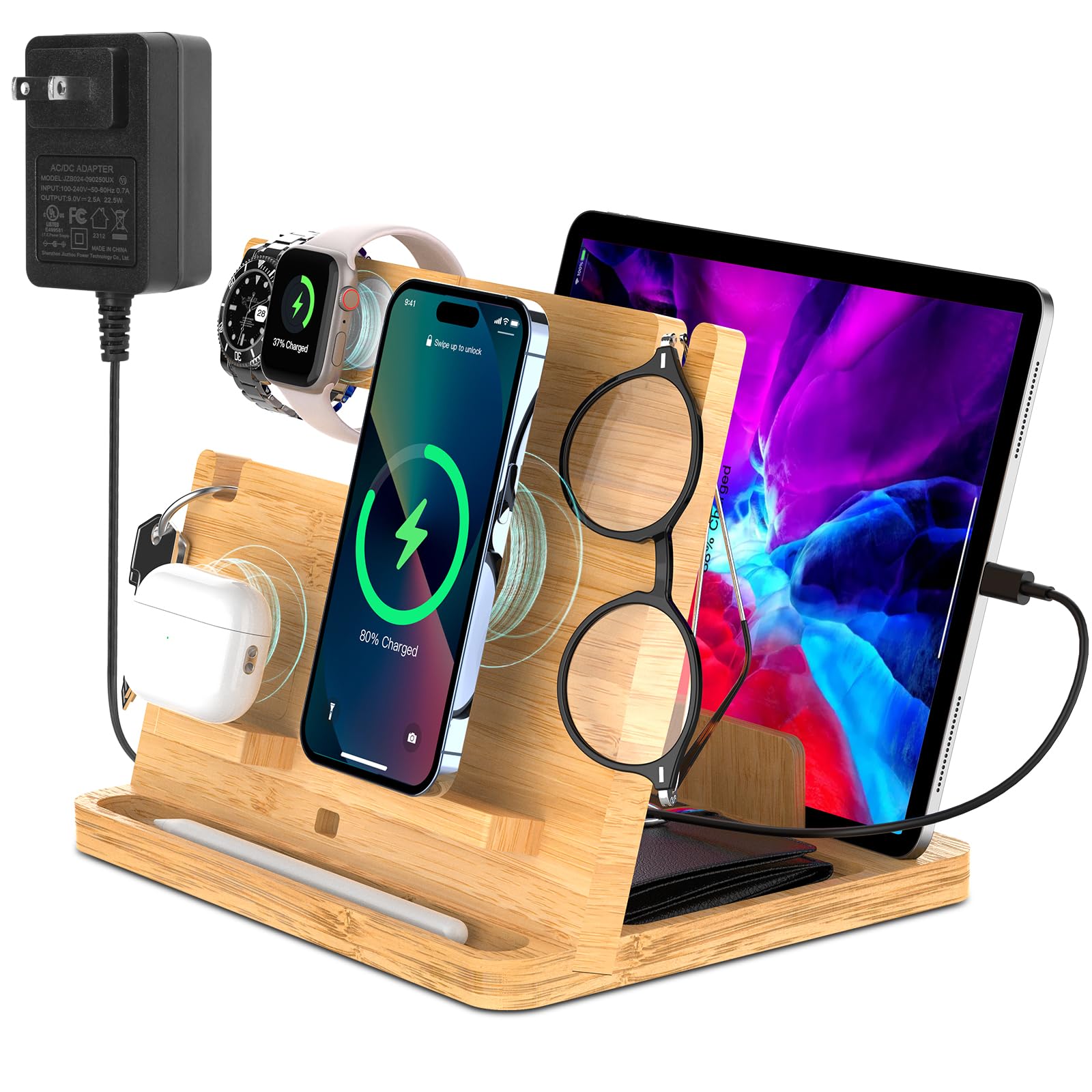 CJQQ Bamboo Wireless Charging Station for iPhone, Apple Watch, AirPods & iPad - Multi-Device Nightstand Organizer with Fast Wireless Charging | Perfect for Bedroom, Office & Travel Use