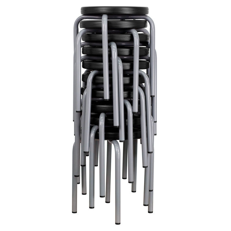 FLASH Stackable Stool with Black Seat & Silver Powder Coated Frame - Modern Bar Stool for Kitchen, Dining Room & Outdoor Patio - Space Saving Stackable Design