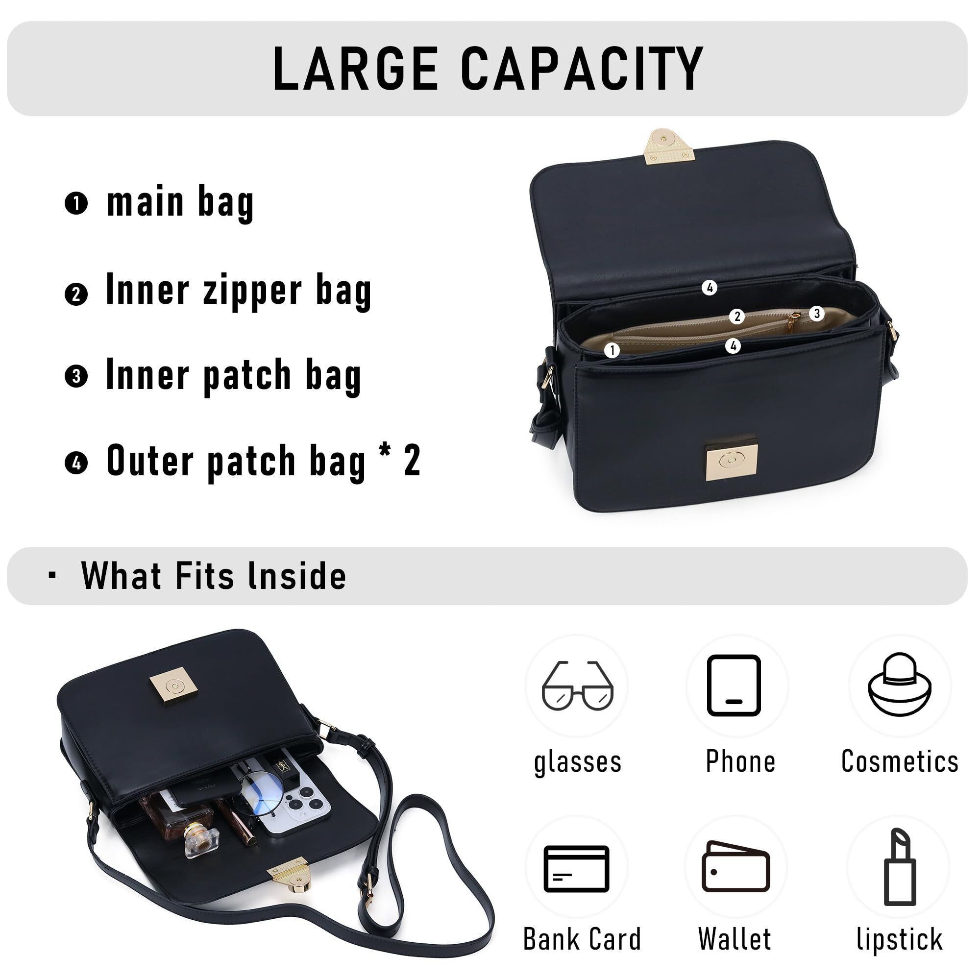 Women's PU Leather Crossbody Bag with Triple Pockets - Stylish Shoulder Satchel Messenger Purse for Daily Use, Work & Evening Events