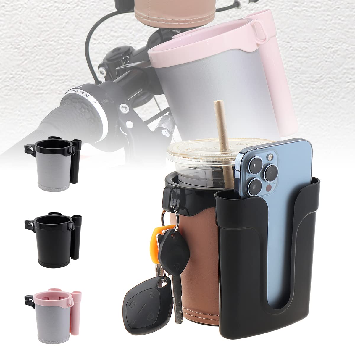 Leather Bike Cup Holder & Water Bottle Holder with Phone & Key Storage - Universal Handlebar Mount for Beach Cruiser, Commuter & Road Bikes (Beige) - Perfect for Cycling, Commuting & Outdoor Adventures