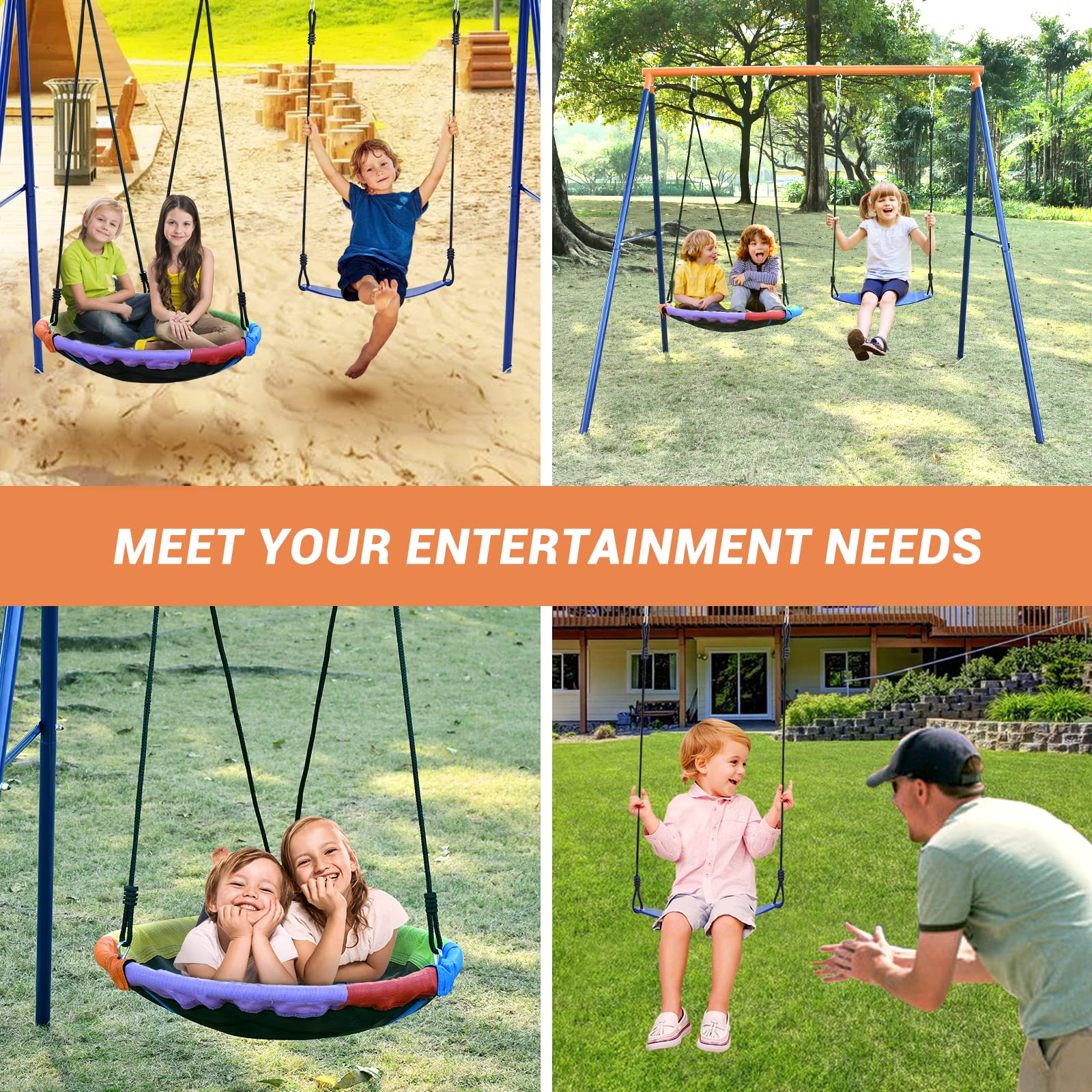 Heavy-Duty Metal A-Frame Swing Set for Backyard - 440lbs Capacity with Saucer Swing & Belt Seat - Perfect for Outdoor Play, Kids Playground, and Family Fun Activities