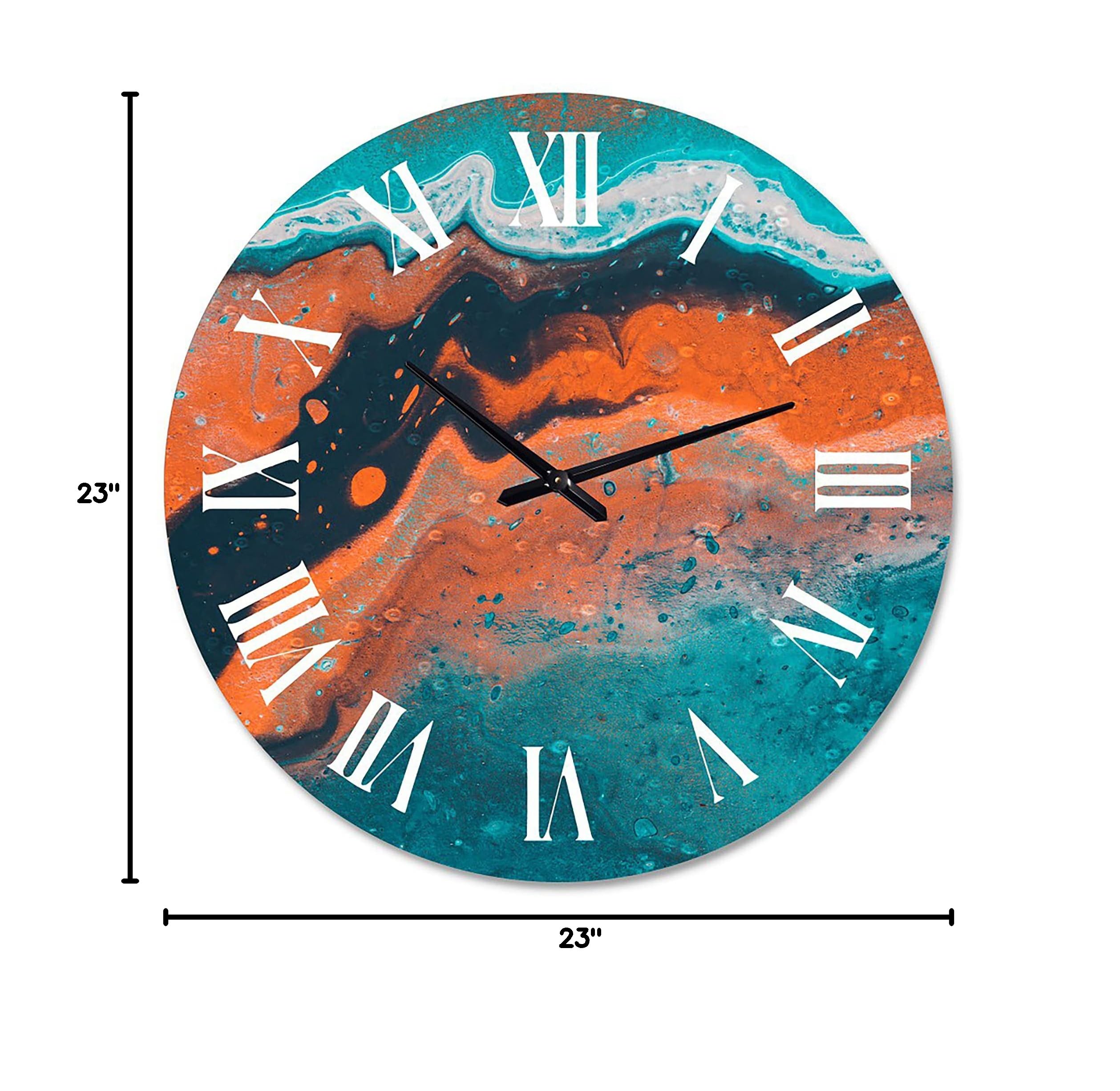 Abstract Marble Wall Clock - Modern Blue & Orange Fractal Design for Home & Office Decor | Large Contemporary Art Clock for Living Room, Bedroom, or Workspace