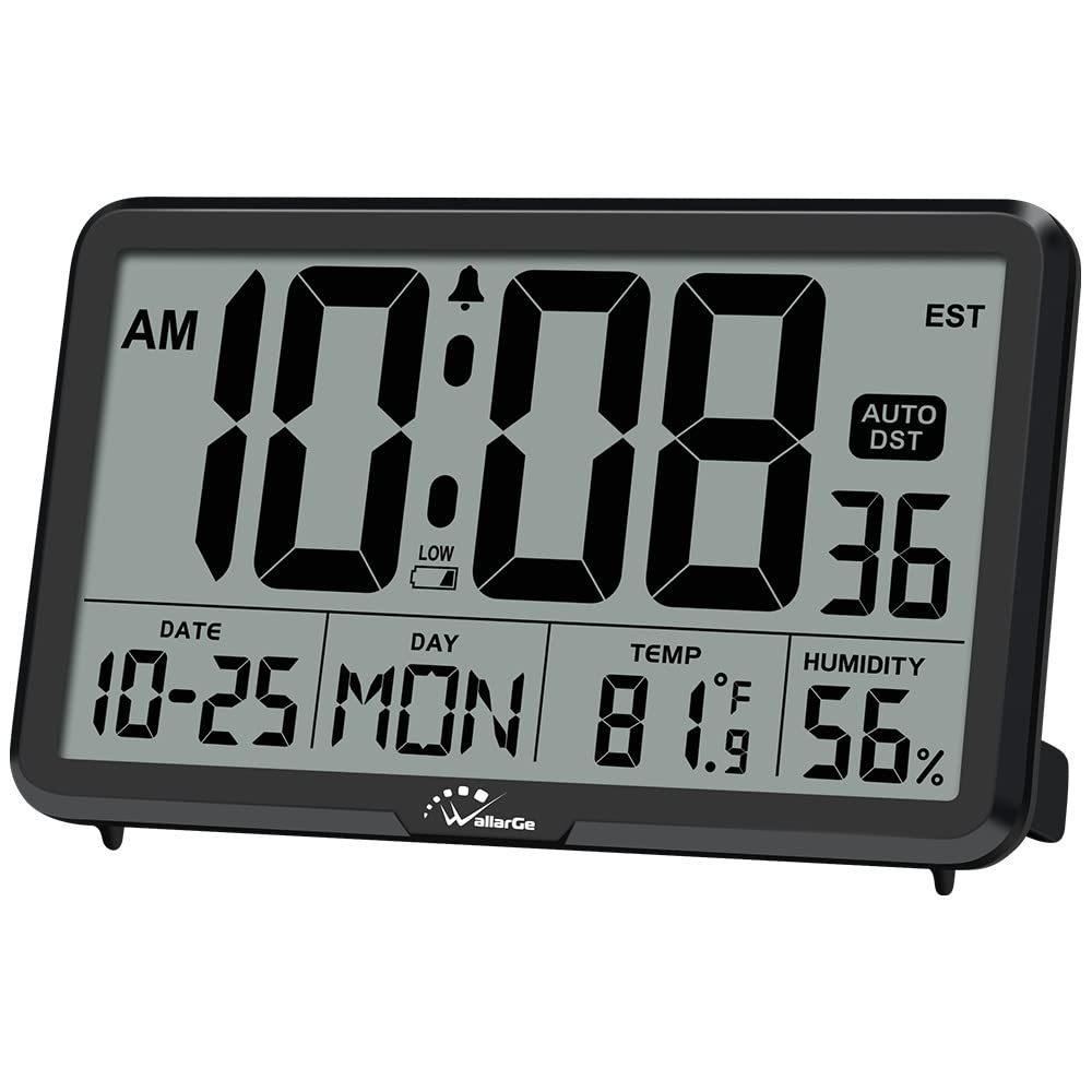 WallarGe Auto Set Digital Wall Clock - Large Display with Temperature, Humidity & Date - Battery Operated Desk Clock for Elderly, Bedroom & Office - 8 Time Zones & Auto DST - Perfect for Home, Office & Travel Use