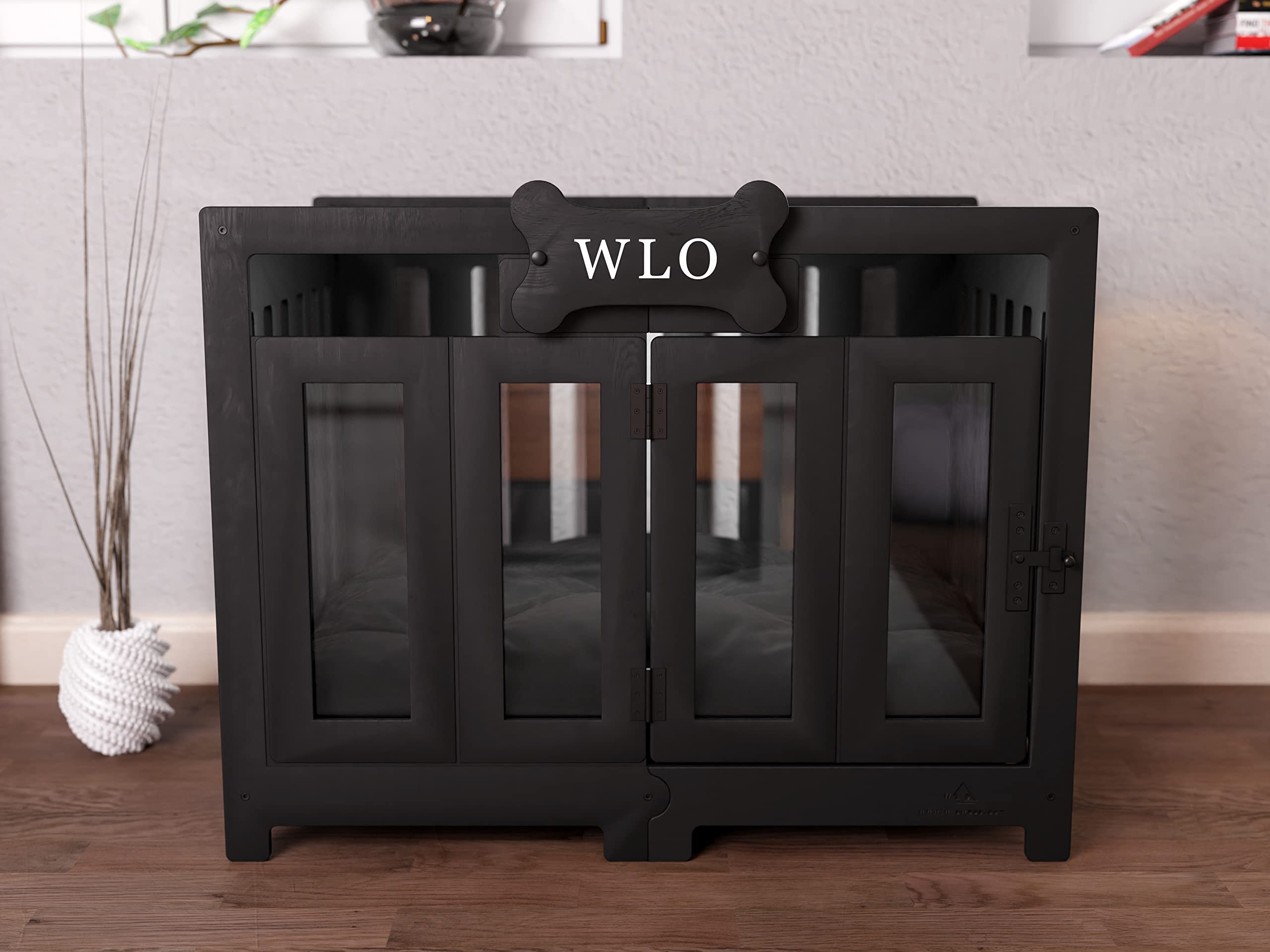 Modern Wooden Dog Crate & Bed - Handcrafted Pueblo Style Pet Kennel House with Removable Cushion | Indoor & Outdoor Dog Furniture for Small Medium Large Dogs | Perfect for Living Room, Patio or Backyard