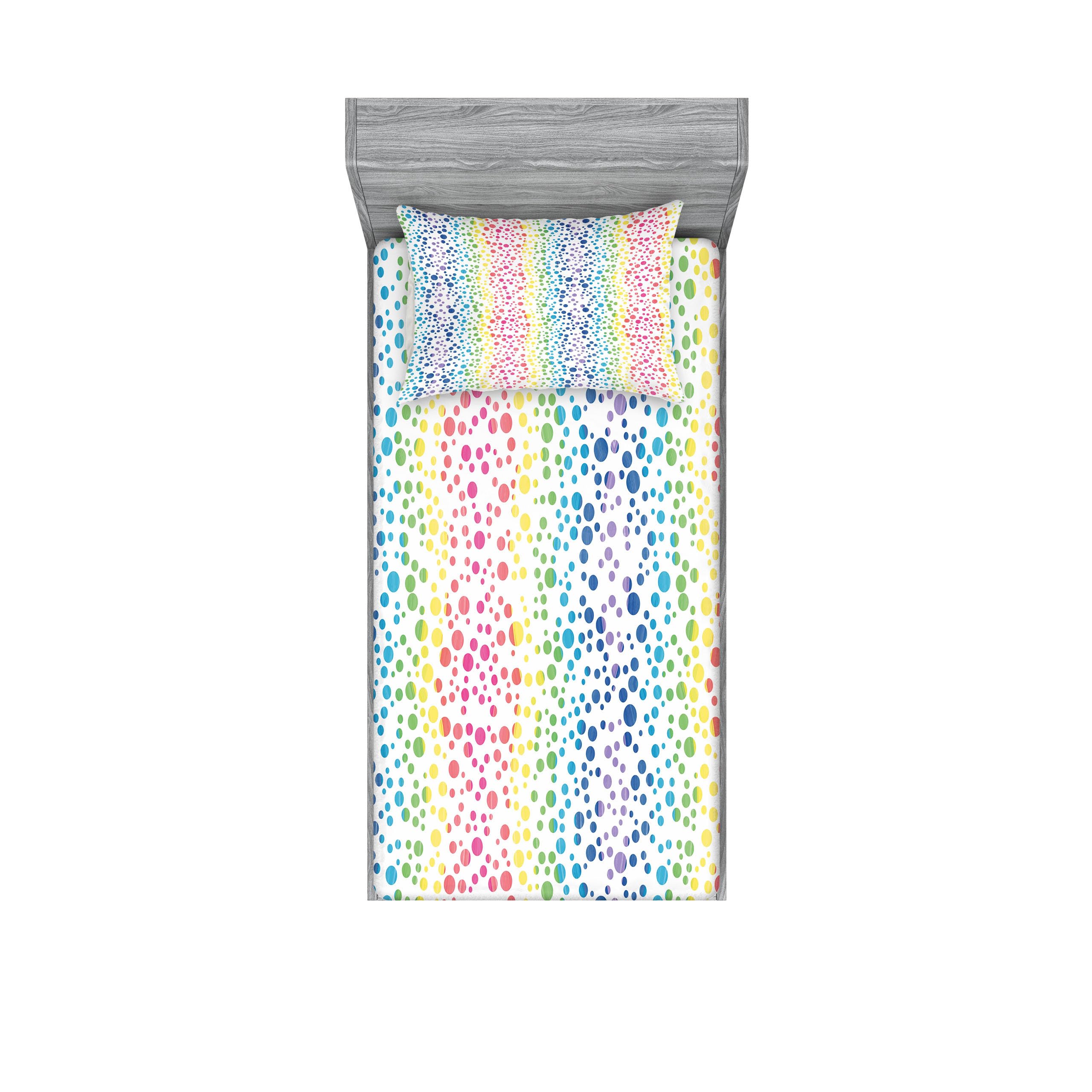 Ambesonne Modern Fitted Sheet & Pillow Sham Set - Rainbow Ombre Bubble Circle Wavy Line Art Print 2-Piece Twin Bedding Set | Vibrant Home Decor for Kids Rooms, Guest Bedrooms & Dorm Essentials