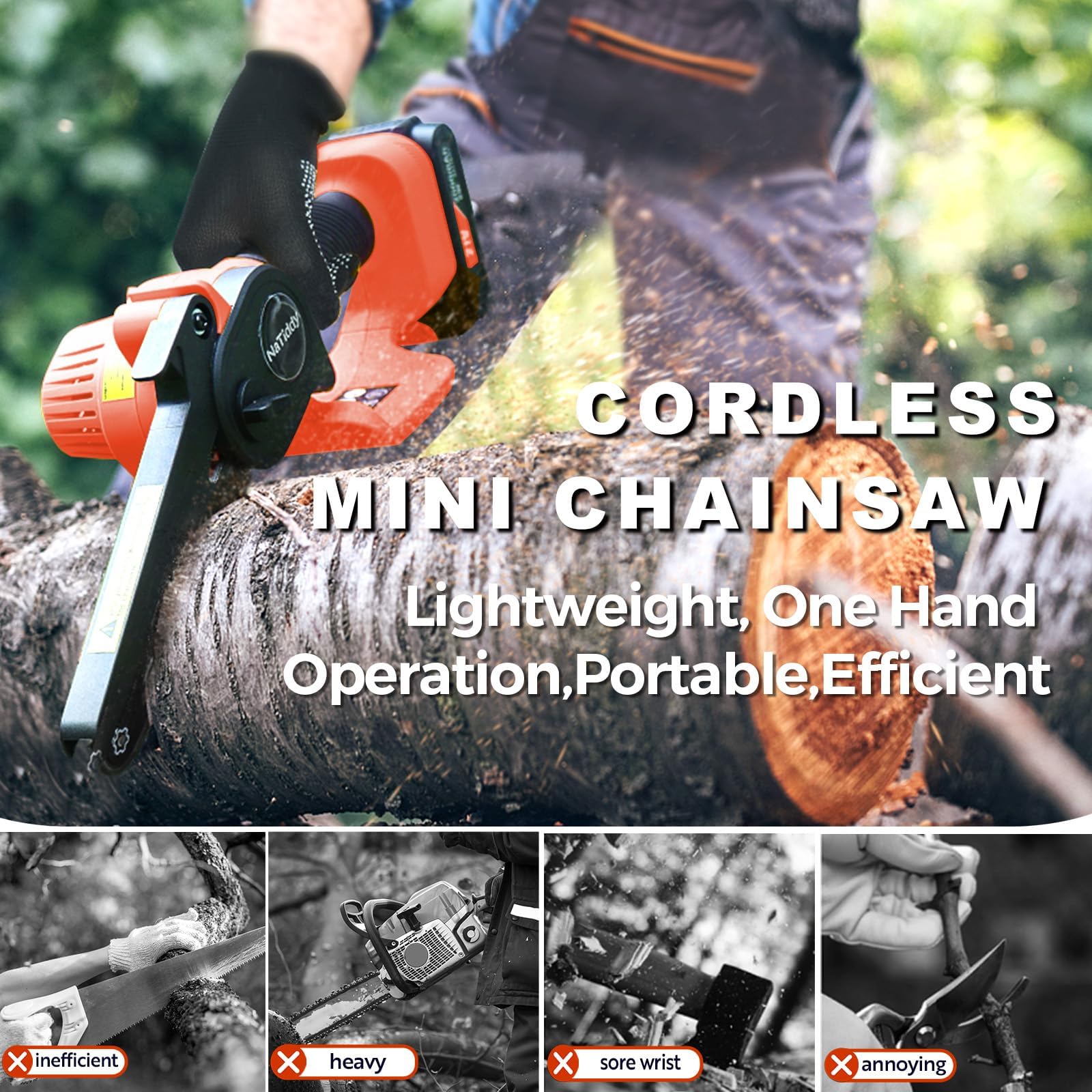 6-Inch Cordless Mini Chainsaw with 2 Batteries & Chains - Battery Powered Electric Hand Saw for Wood Cutting, Tree Trimming, Branch Pruning & Yard Maintenance (Orange) - Perfect for DIY Projects, Gardening & Outdoor Landscaping