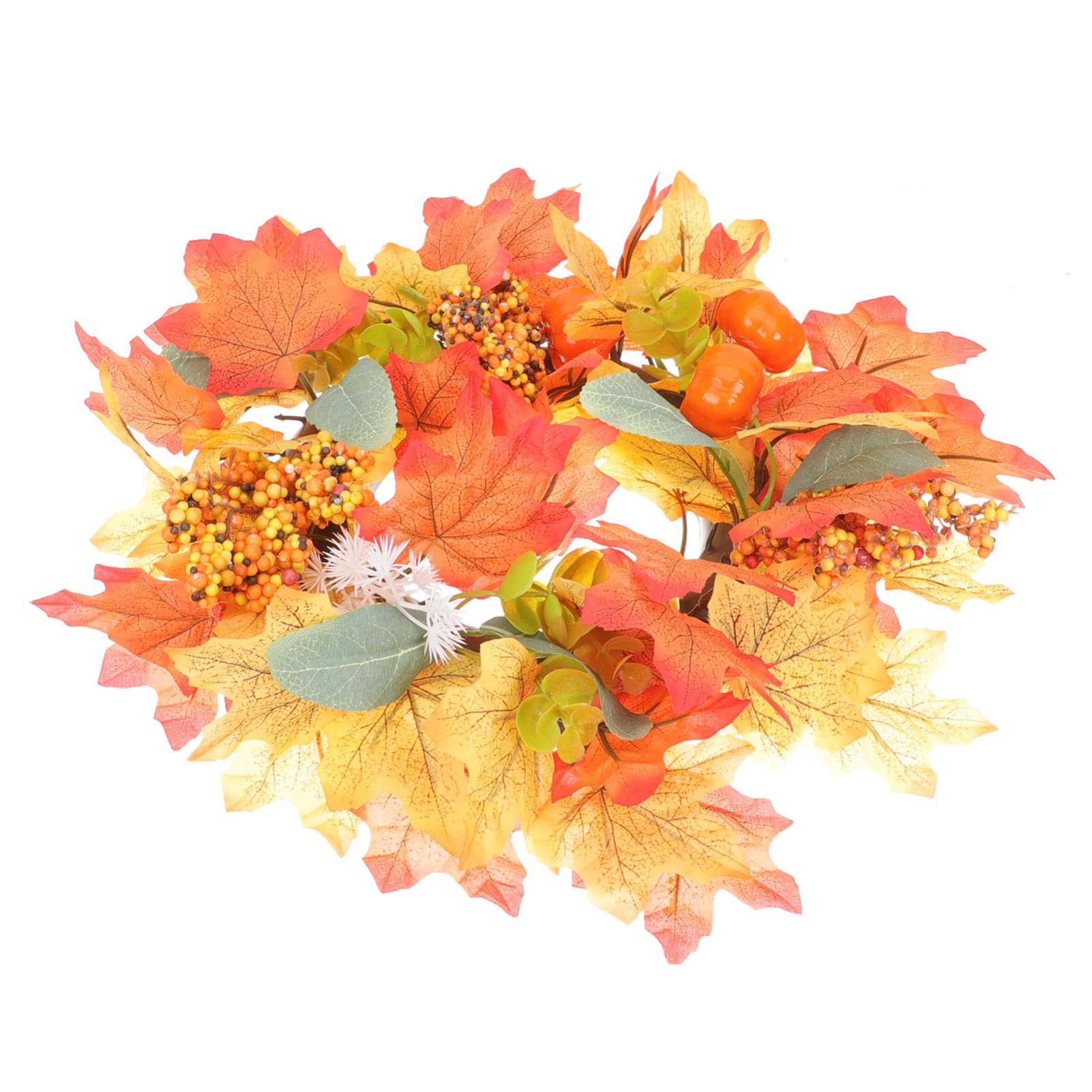 SEWACC Thanksgiving Pumpkin Candle Rings - Artificial Fall Wreath with Maple Leaves & Berries for Candle Holders, DIY Pillar Candles, Halloween & Autumn Decor | Perfect for Fireplace Mantels, Dining Tables & Front Door Decorations