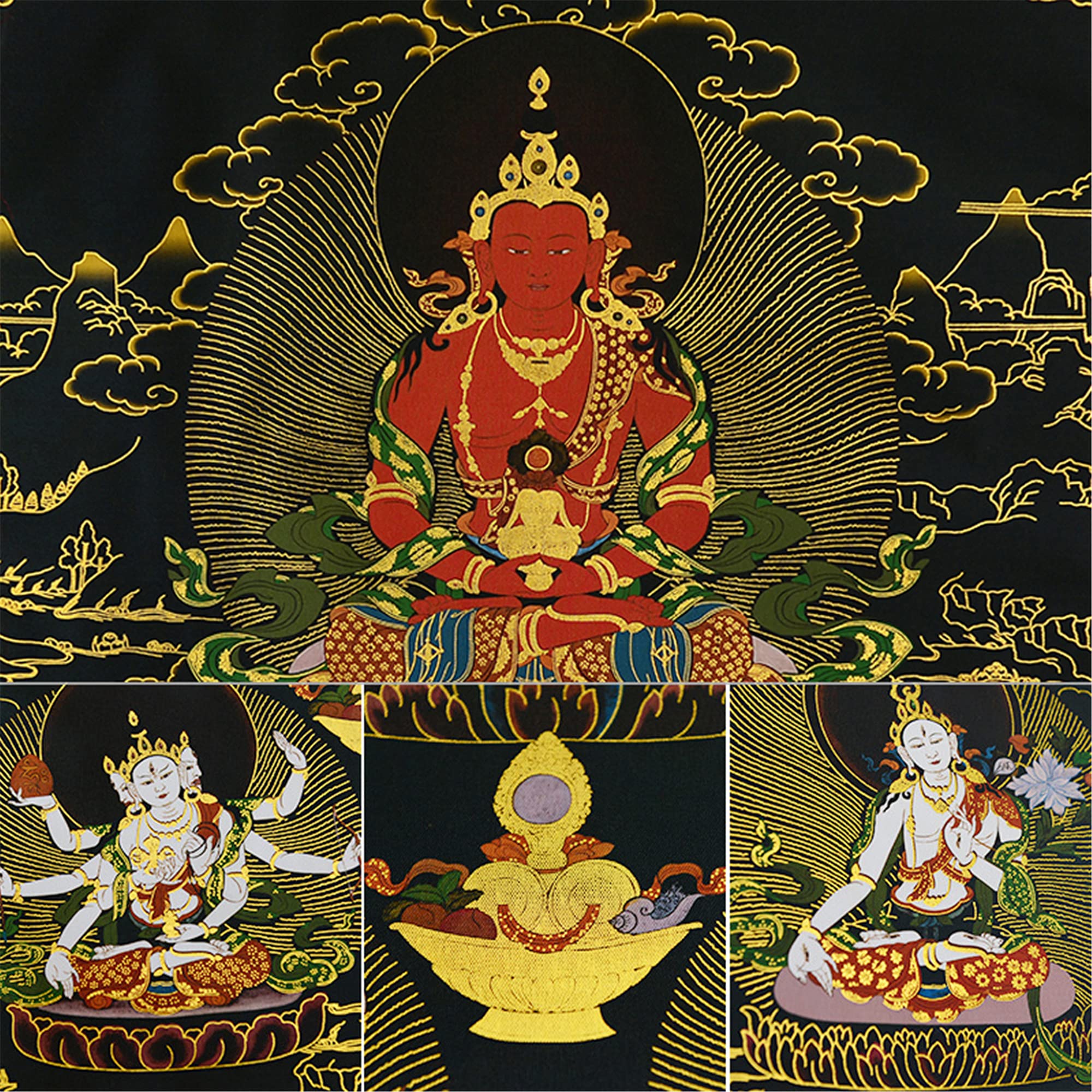Amitayus Buddha Thangka Art - Tibetan Tapestry for Home Decor, Meditation & Spiritual Relaxation - Handmade Hot Stamped Wall Hanging for Zen Living Rooms, Yoga Studios & Buddhist Altars