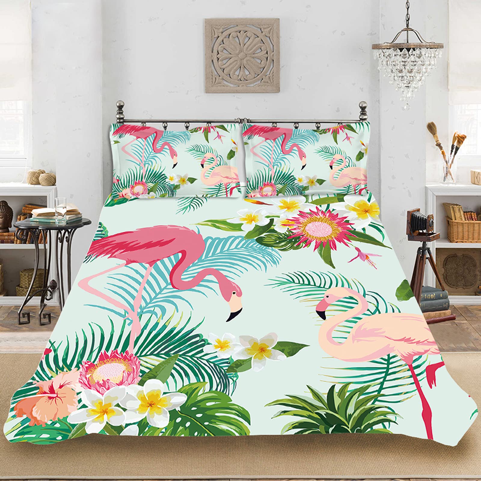 Tropical Flamingo Duvet Cover Set with 2 Pillowcases - Pink Flamingo & Palm Leaf Pattern Bedding - Twin Size 68x88 Inches (Comforter Not Included) - Perfect for Beach House, Boho Bedroom or Tropical Themed Decor