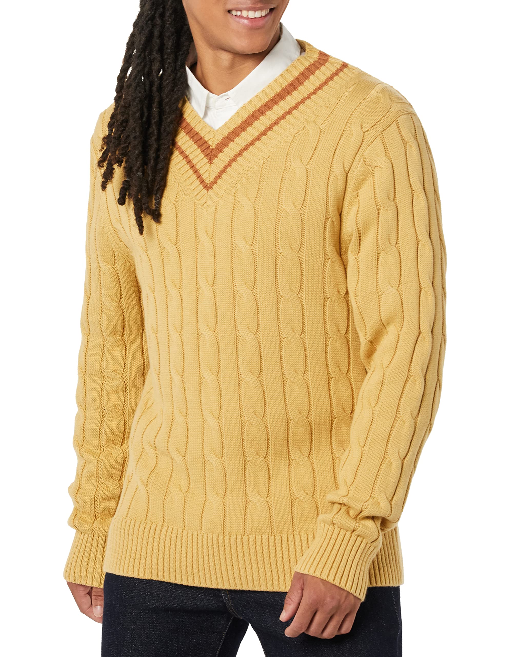 Amazon Essentials Men's V-Neck Cable Knit Sweater - Soft & Warm Winter Pullover for Casual Wear & Office Outfits