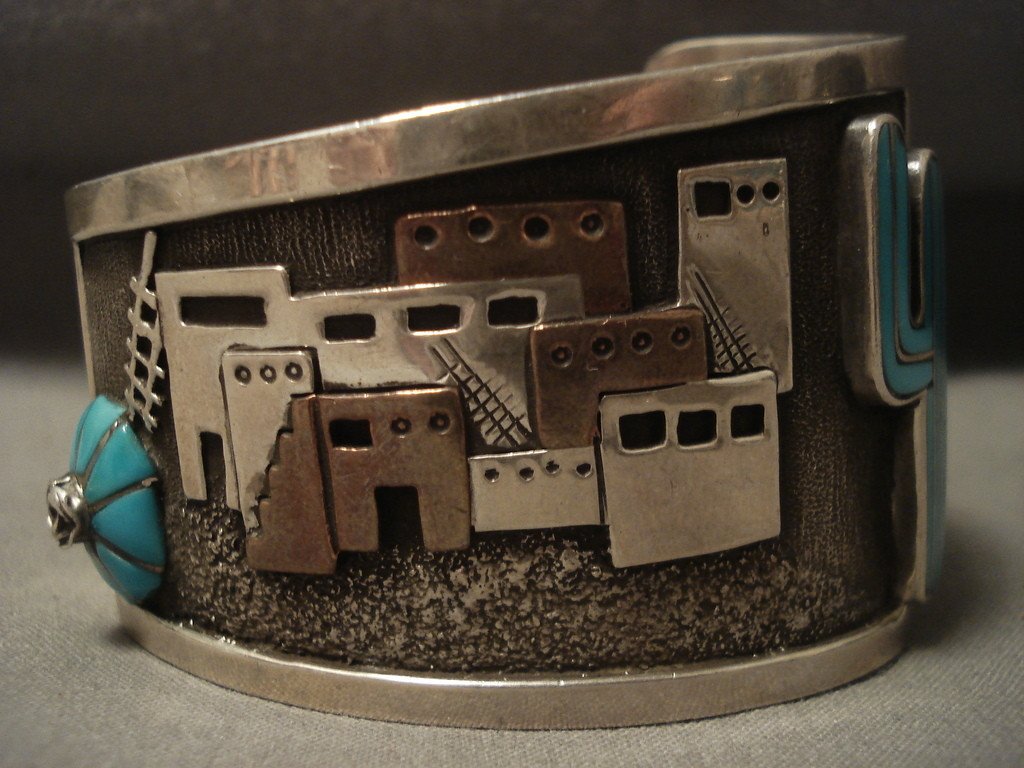 Authentic Vintage Navajo Pueblo Turquoise Cactus Silver Bracelet - Handmade Native American Jewelry for Women, Boho Fashion Accessory, Perfect for Festivals & Southwest Style Outfits