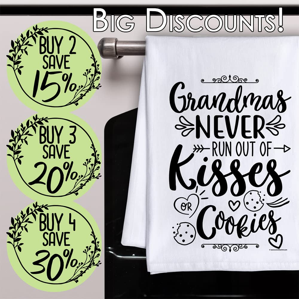 Funny Kitchen Tea Towels with Sayings - Grandmas Never Run Out Of Kisses or Cookies - Decorative Dish Towels for Housewarming Gifts - Multi-Use Cute Kitchen Towels for Women - Perfect for Cooking, Baking, and Home Decor