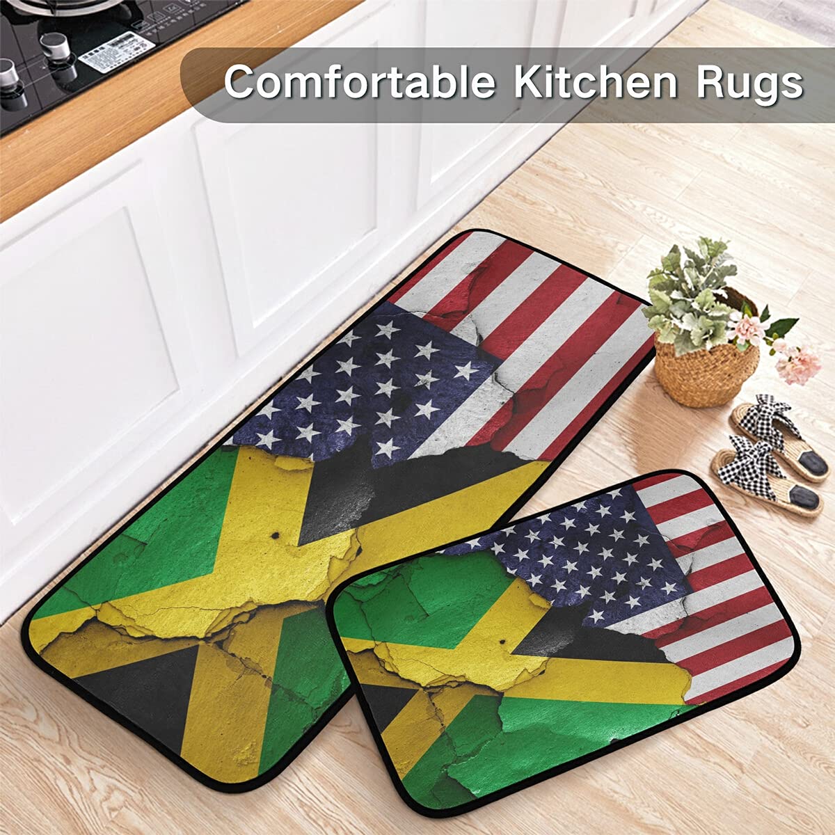 Jamaica & USA Flags Non-Slip Kitchen Rugs Set of 2 - Washable Floor Mats for Sink, Laundry & Home Decor | Perfect for American & Jamaican Themed Kitchens