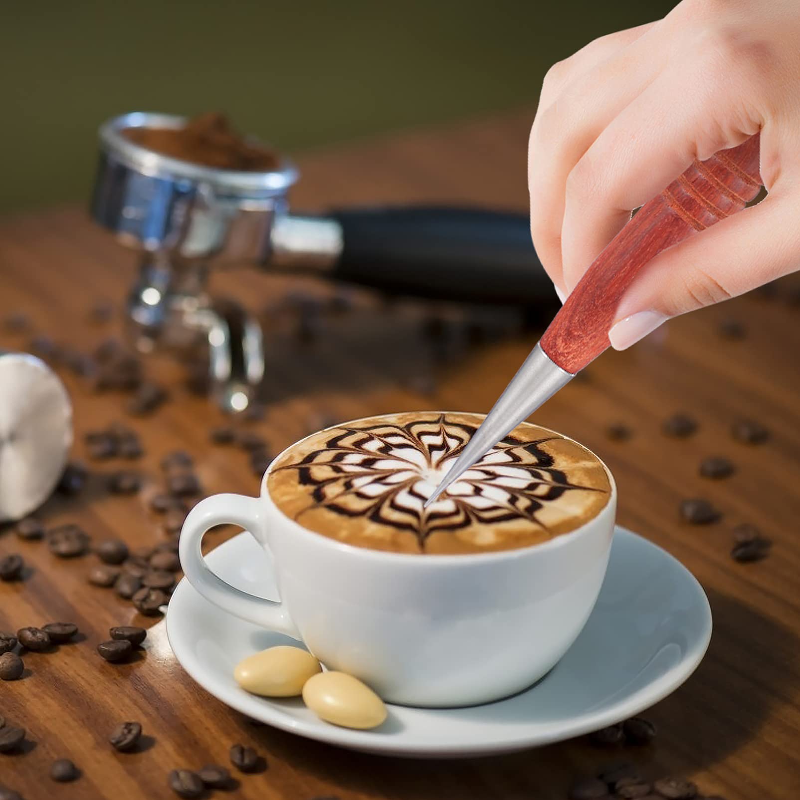Stainless Steel Coffee Art Pen with Wood Handle for Latte & Cappuccino - Barista Decorating Tool
