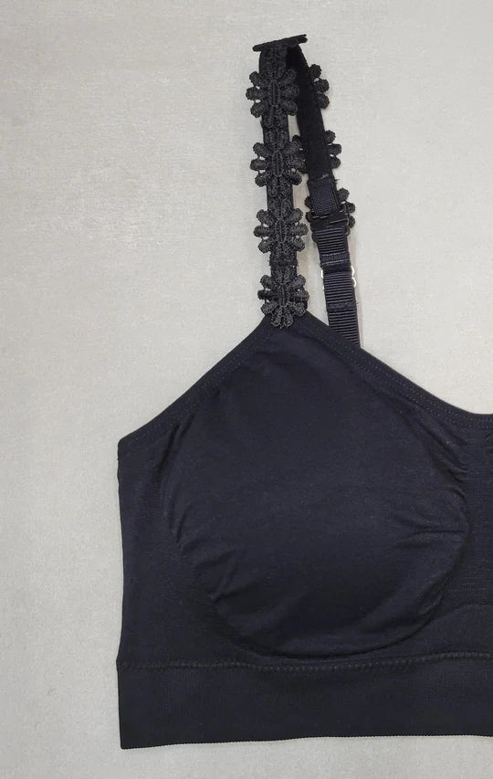 Black Floral Strap Bralette - Comfortable Lace Bralette for Women | Perfect for Summer Outfits, Date Nights & Layering Under Sheer Tops