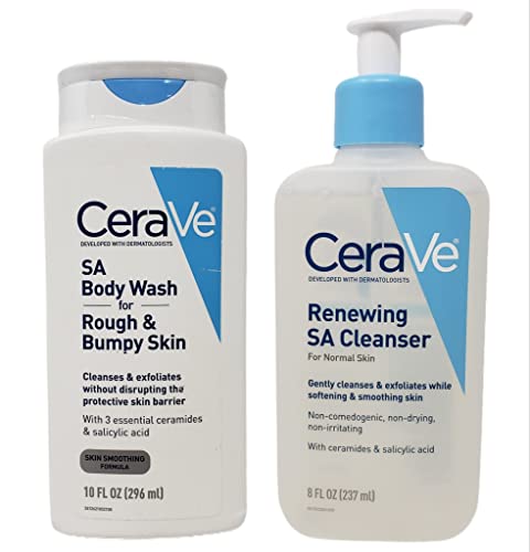 CeraVe SA Skincare Bundle with Salicylic Acid - SA Body Wash for Rough & Bumpy Skin (10oz) & Renewing SA Cleanser (8oz) - Exfoliating & Smoothing Formula for Dry, Acne-Prone Skin - Perfect for Daily Shower & Facial Cleansing Routine