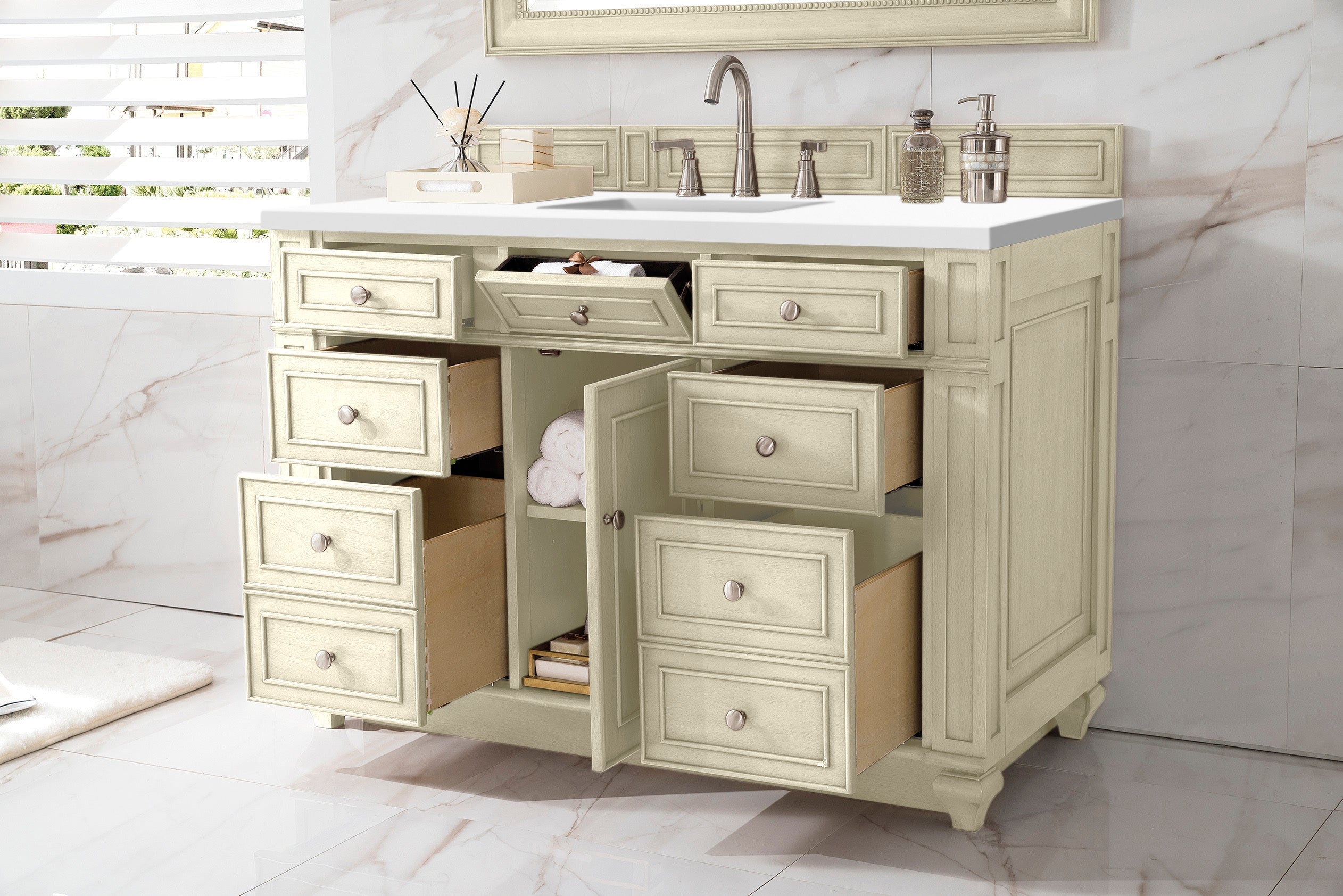 Bristol 48 Inch Single Bathroom Vanity Set with 3CM Classic White Quartz Countertop in Vintage Vanilla - Perfect for Modern Farmhouse, Coastal, and Traditional Bathroom Designs