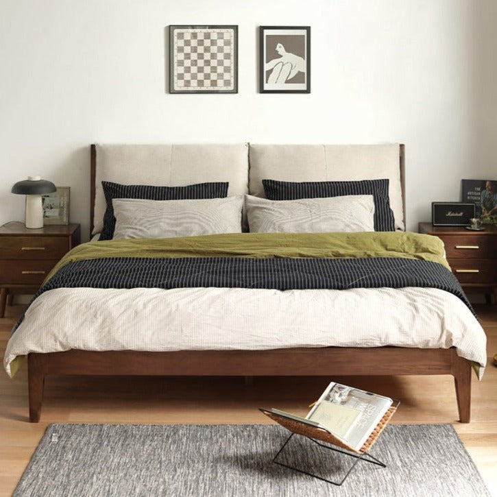 Premium Black Walnut Solid Wood Bed Frame - Queen Size Platform Bed with Soft Upholstered Headboard | Modern Bedroom Furniture for Master & Guest Rooms