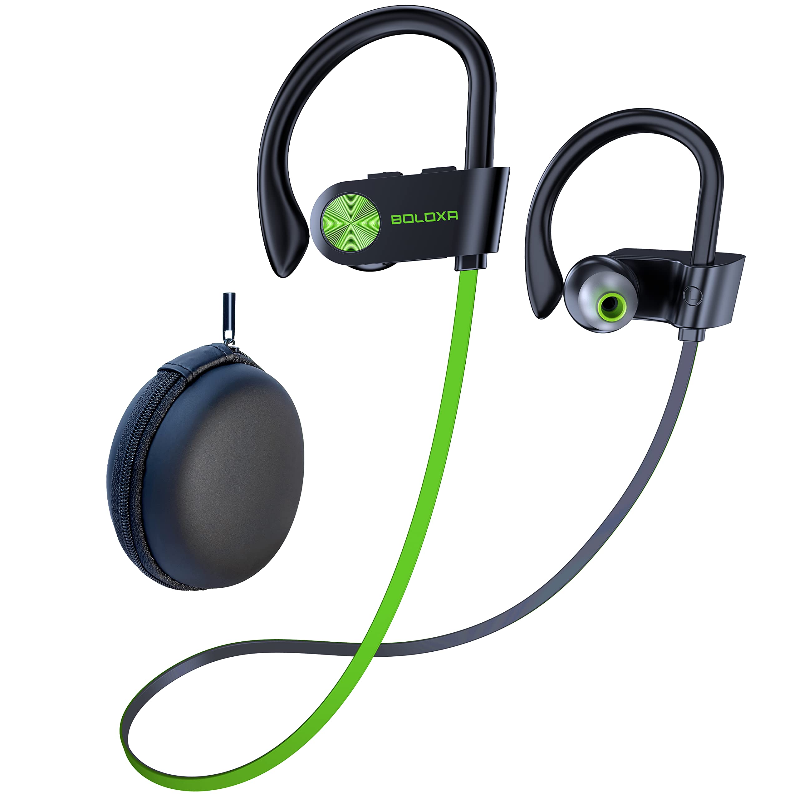 BOLOXA Bluetooth 5.3 Wireless Earbuds with Earhooks - IPX7 Waterproof, 12H Battery Life, Stereo Bass, Built-in Mic - Perfect for Running, Gym Workouts, Sports & Outdoor Activities (Black) with Storage Bag