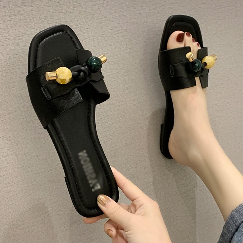 Women's Synthetic Leather Flat Slides - Square Toe Summer Sandals with Rubber Sole | Comfortable Casual Slippers for Vacation & Everyday Wear (Black, Size EUR 38) | Perfect for Beach, Poolside, and Indoor Lounging