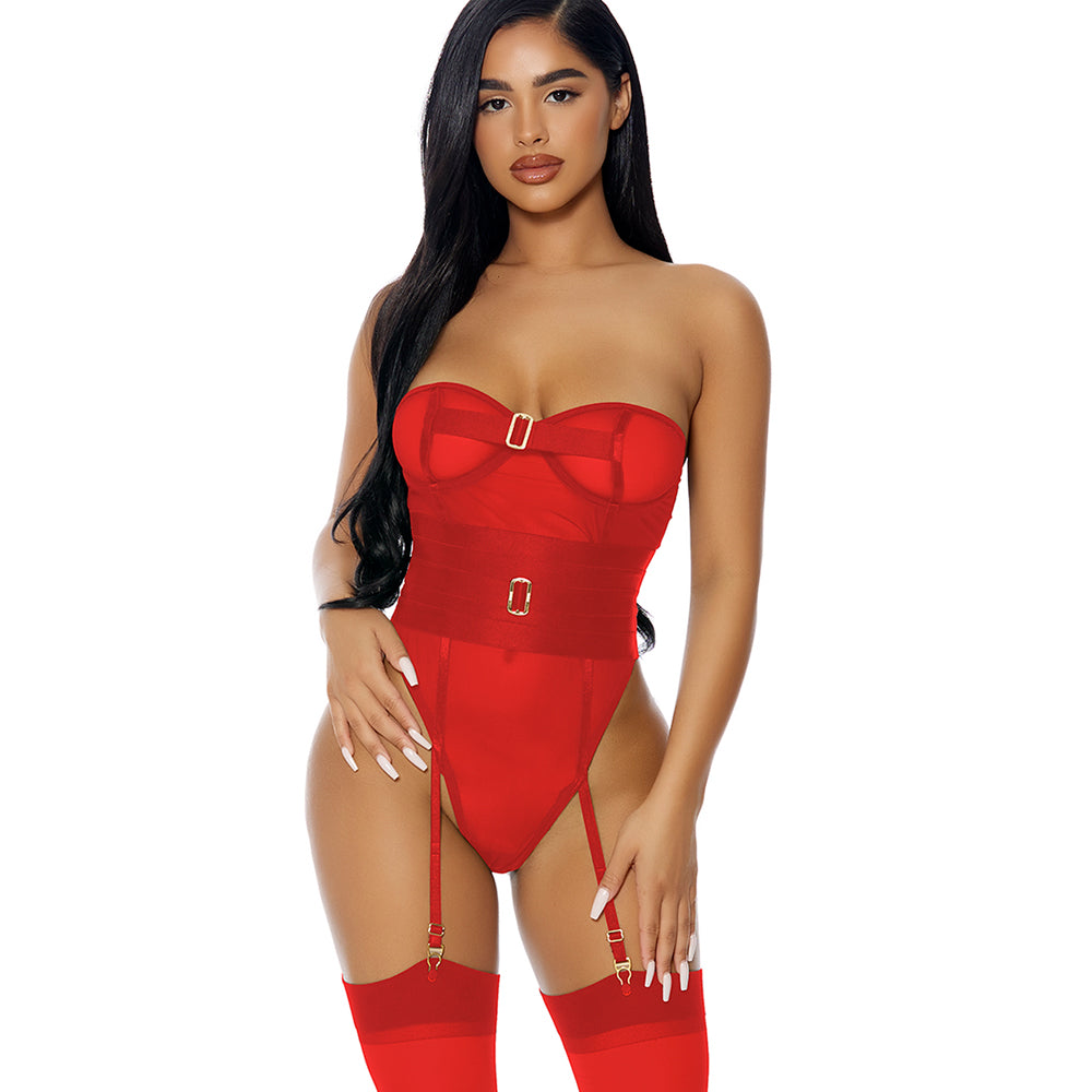 Forplay Gold Rush Red Strapless Satin Elastic & Mesh Teddy Lingerie - Sexy Lace Bodysuit for Women, Valentine's Day Gift, Boudoir Photo Shoot, Romantic Nightwear