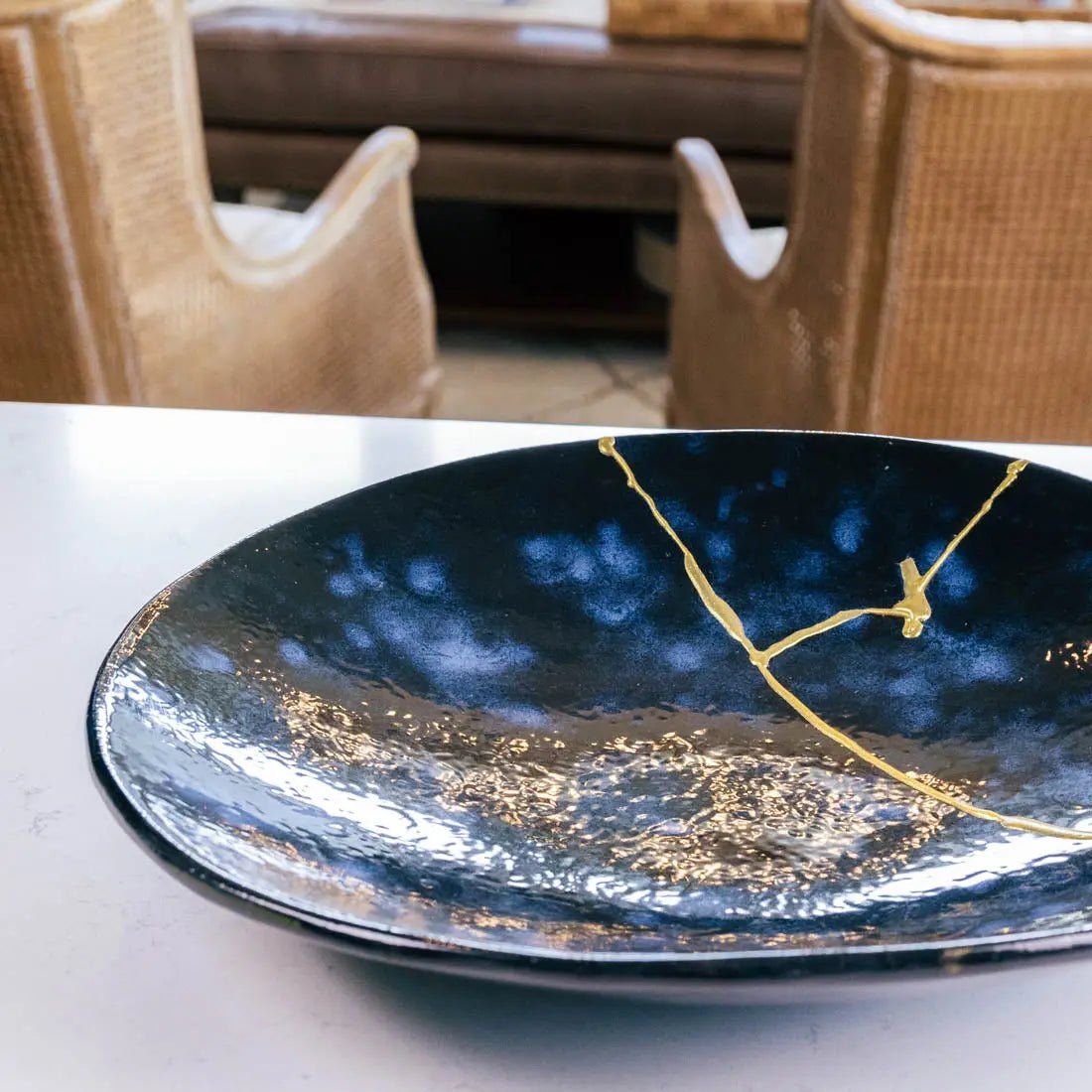 XXL Kintsugi Gray Stoneware Bowl and Platter Set - Handcrafted Ceramic Dish with Blues, Blacks & Gold Accents | Perfect for Japanese Tea Ceremony, Home Decor, and Unique Gift Ideas