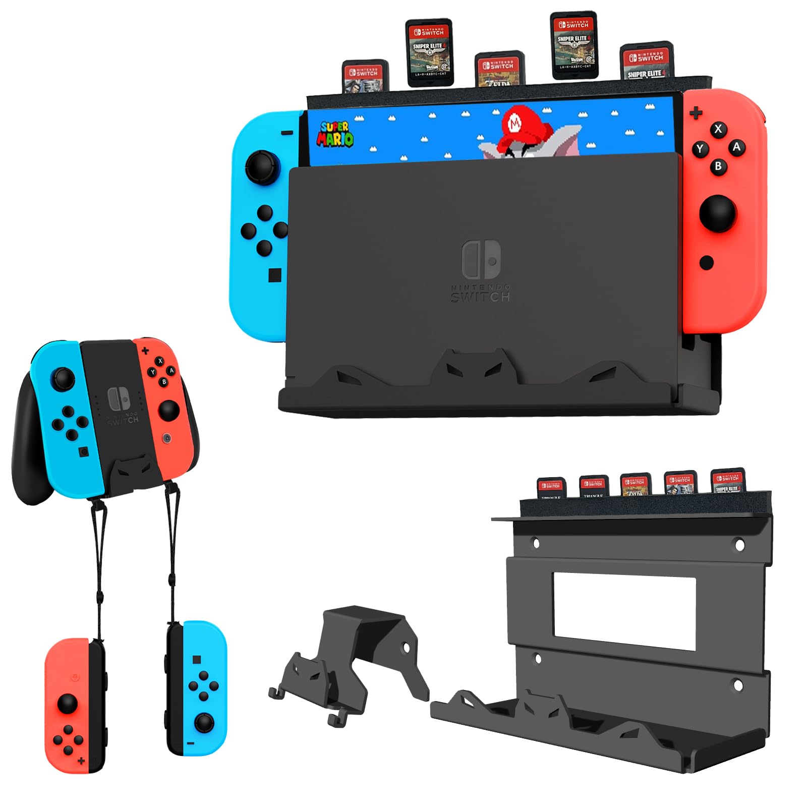 Nintendo Switch & Switch OLED Wall Mount Kit - Steel Bracket with 5 Game Card Holder & Joycon Controller Holder | Secure TV Wall Mount for Gaming Setup & Space Saving