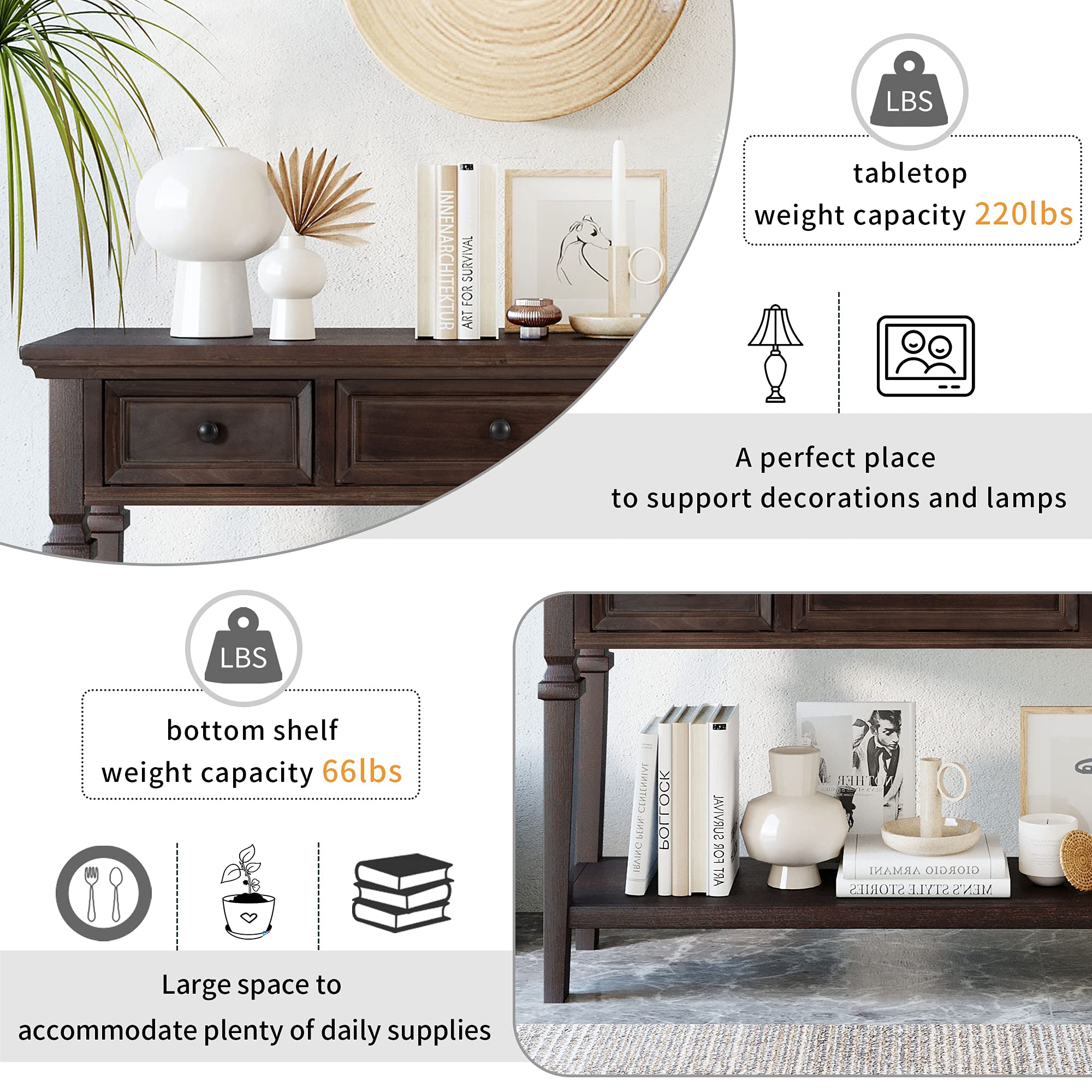 P PURLOVE Console Table with 2 Drawers & Open Shelf - 48 Inch Sofa Table, Entryway Table for Living Room, Hallway, Foyer - Rustic Espresso Finish - Perfect for Home Decor & Small Space Storage