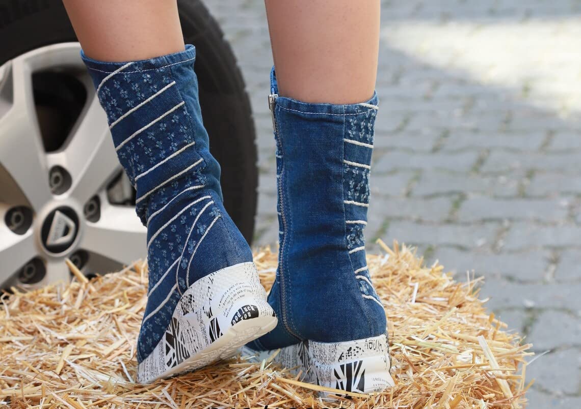 Stylish Women's Denim Boots - Handmade High Heel Sneaker Boots with Platform for Casual & Party Wear (Size 6.5, Blue) | Perfect Birthday Gift for Her | Great for Office, Dating & Night Out
