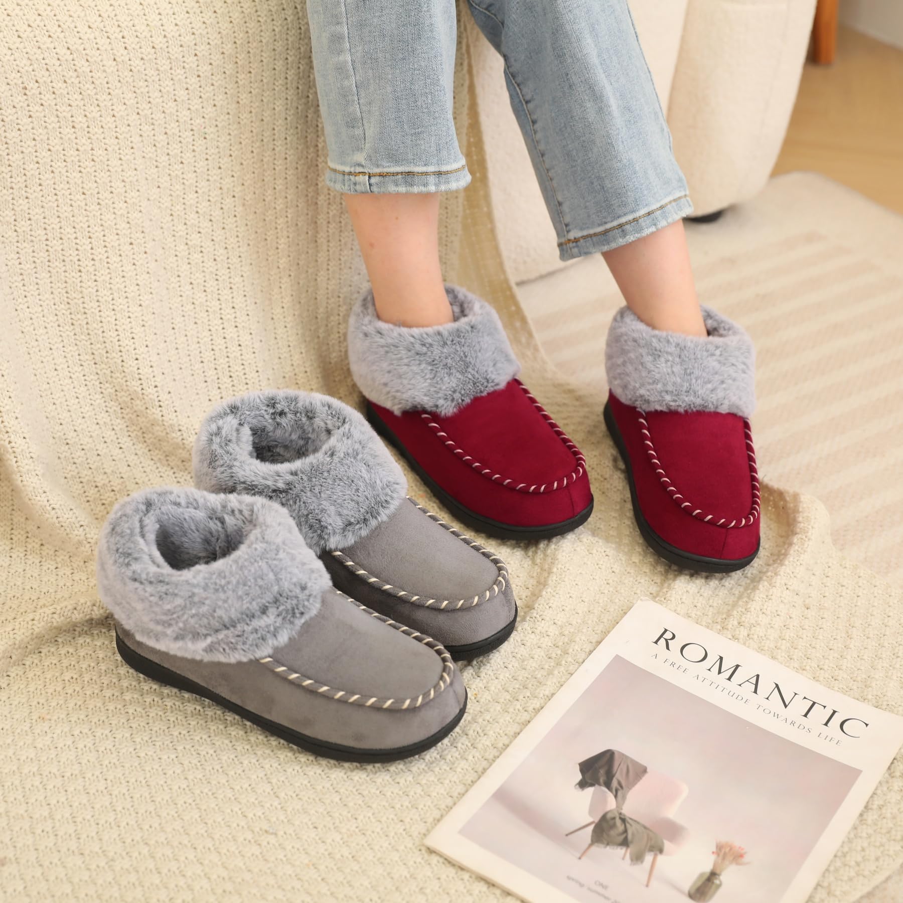 VONMAY Women's Fuzzy Plush Suede Moccasin Booties - Warm Winter House Slippers with Memory Foam & Non-Slip Sole | Indoor/Outdoor Comfort for Home, Office, and Travel