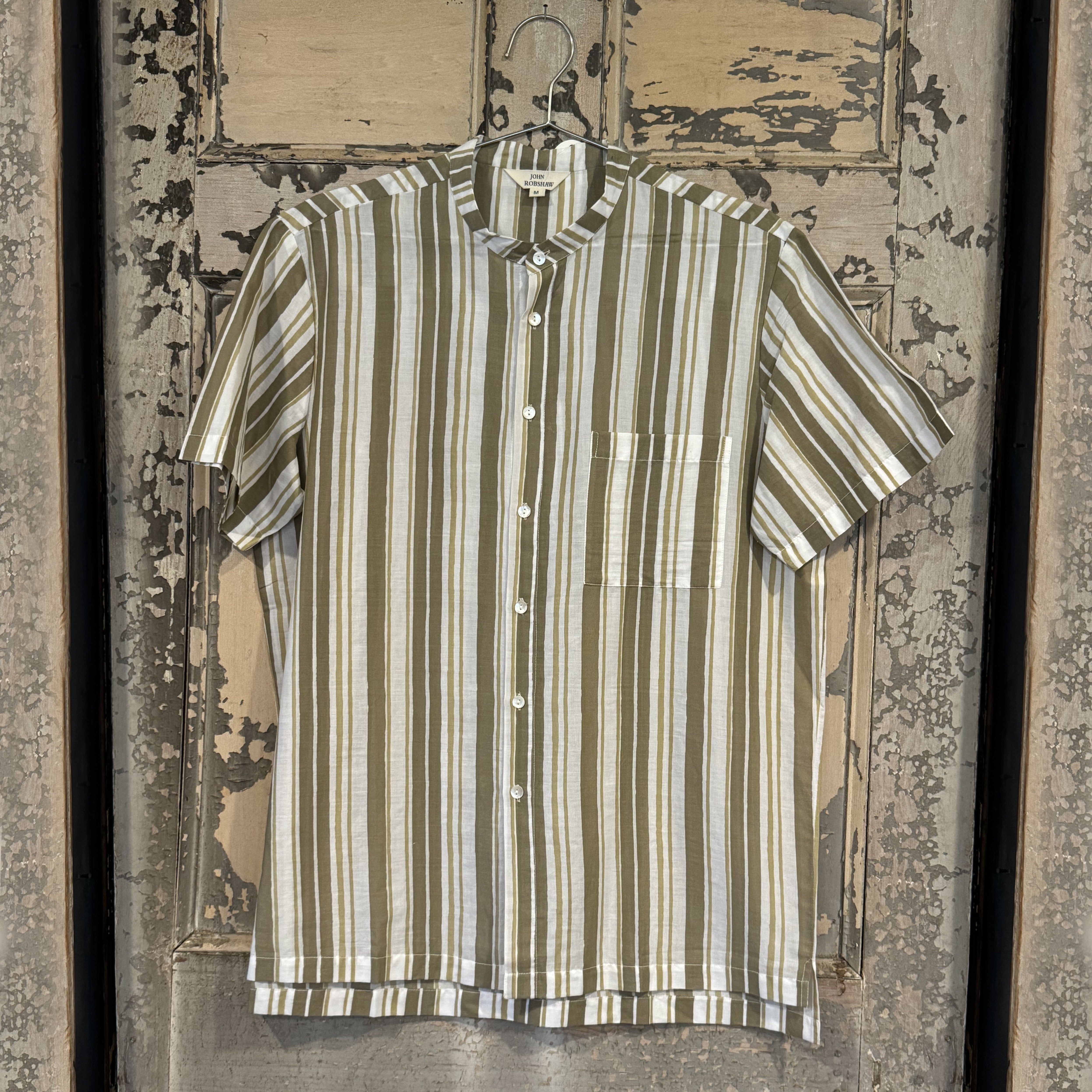 Men's Sand Stripe Nehru Collar Short Sleeve Shirt - Casual Summer Wear for Beach, Vacation & Outdoor Events
