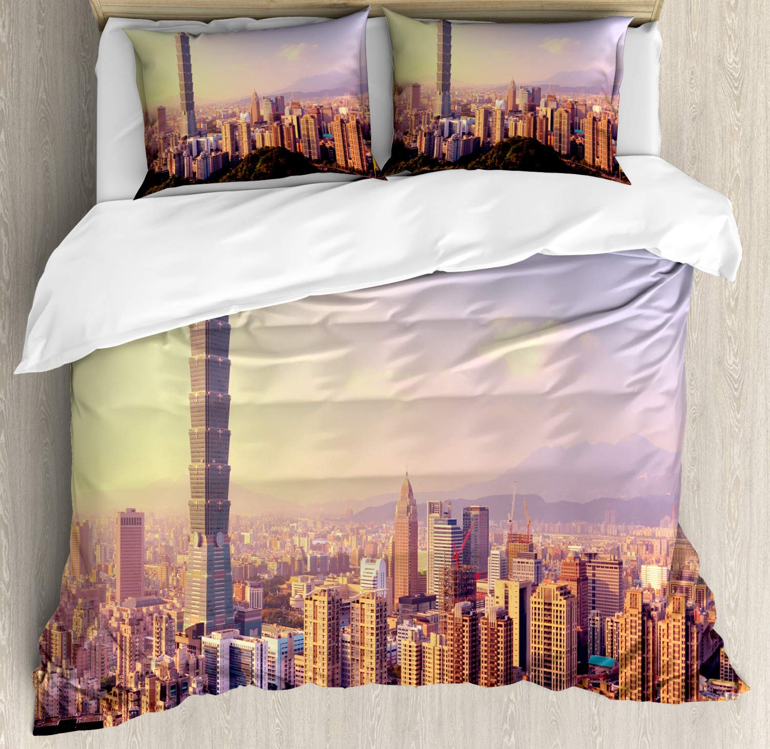 Ambesonne Landscape Duvet Cover Set - Taipei Taiwan Cityscape Evening Skyline, Modern Urban Landmark Bedding | 3-Piece King Size Set with 2 Pillow Shams | Multicolor Decorative Bedroom Decor for Contemporary Homes