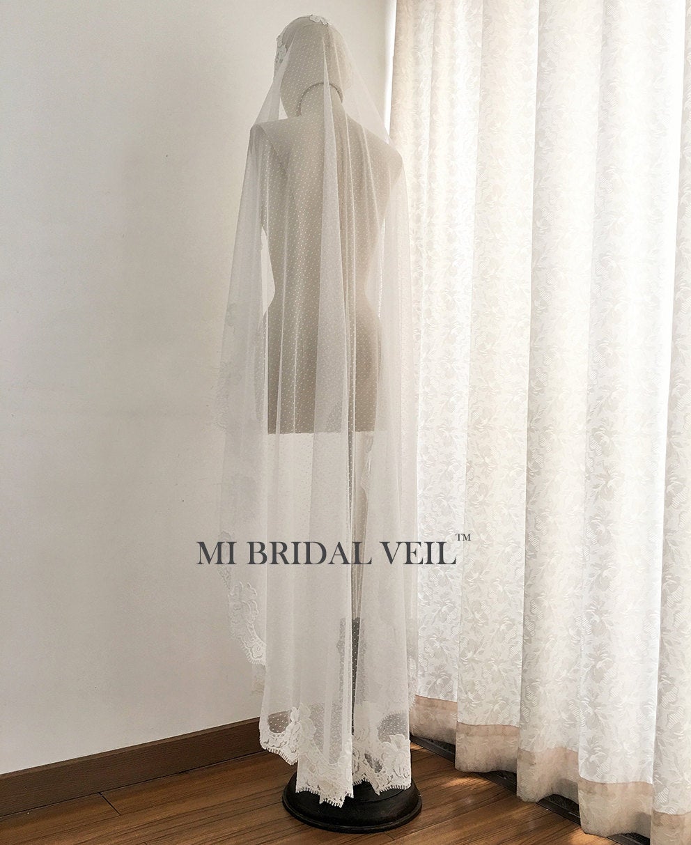 Polka Dot Mantilla Lace Wedding Veil - Vintage Inspired Rose Lace Waltz Bridal Veil by Mi Bridal | Perfect for Boho, Vintage & Romantic Weddings