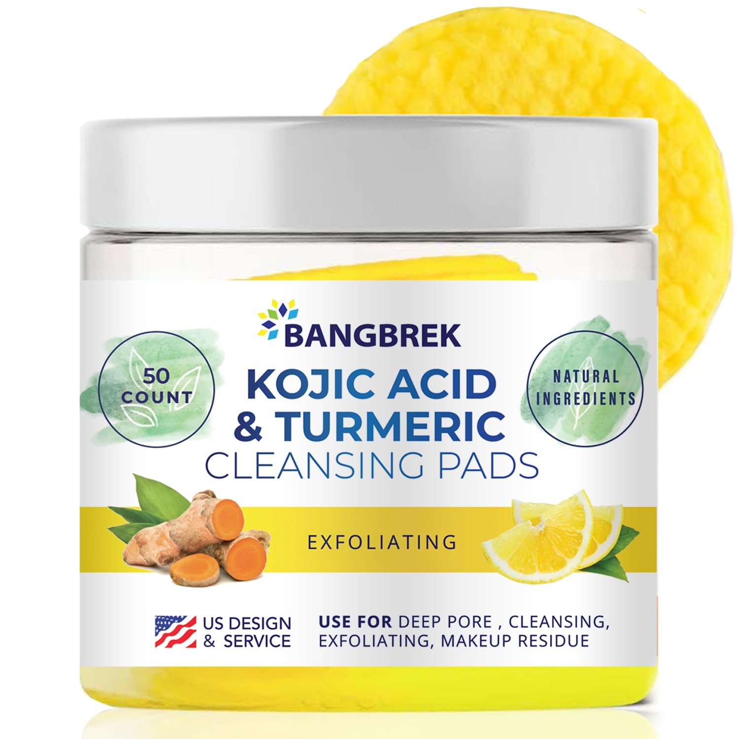 Kojic Acid & Turmeric Exfoliating Cleansing Pads - 50 Count Deep Pore Cleanser for Oily Skin, Makeup Removal & Dead Skin Cells - Brightening Face Scrub for Acne, Blackheads & Glowing Skin - Perfect for Daily Skincare Routine & Travel